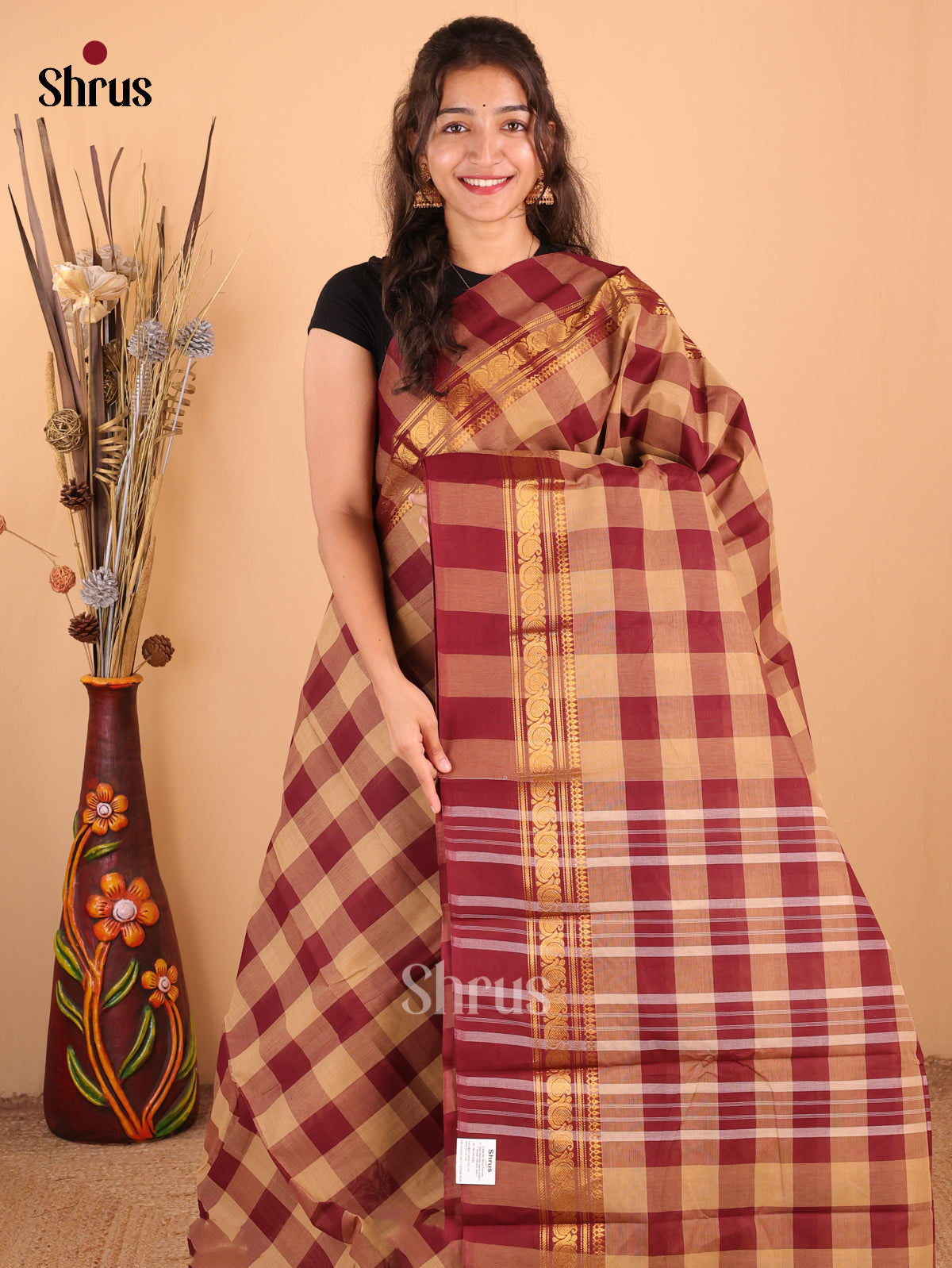 Light brown with Maroon - Chettinad Cotton Saree - DDS09256 - Shop on Shrus.com