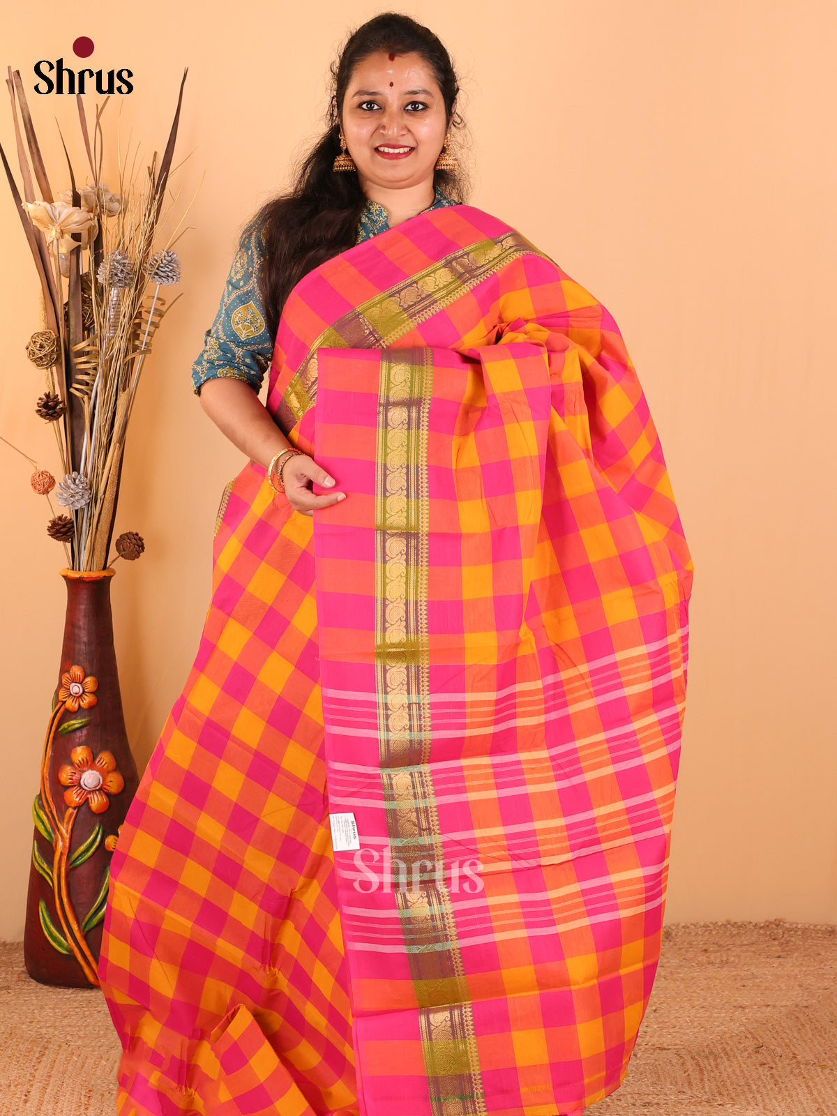 Mustrad yellow with Dark Pink - Chettinad Cotton saree - DDS09257 - Shop on Shrus.com