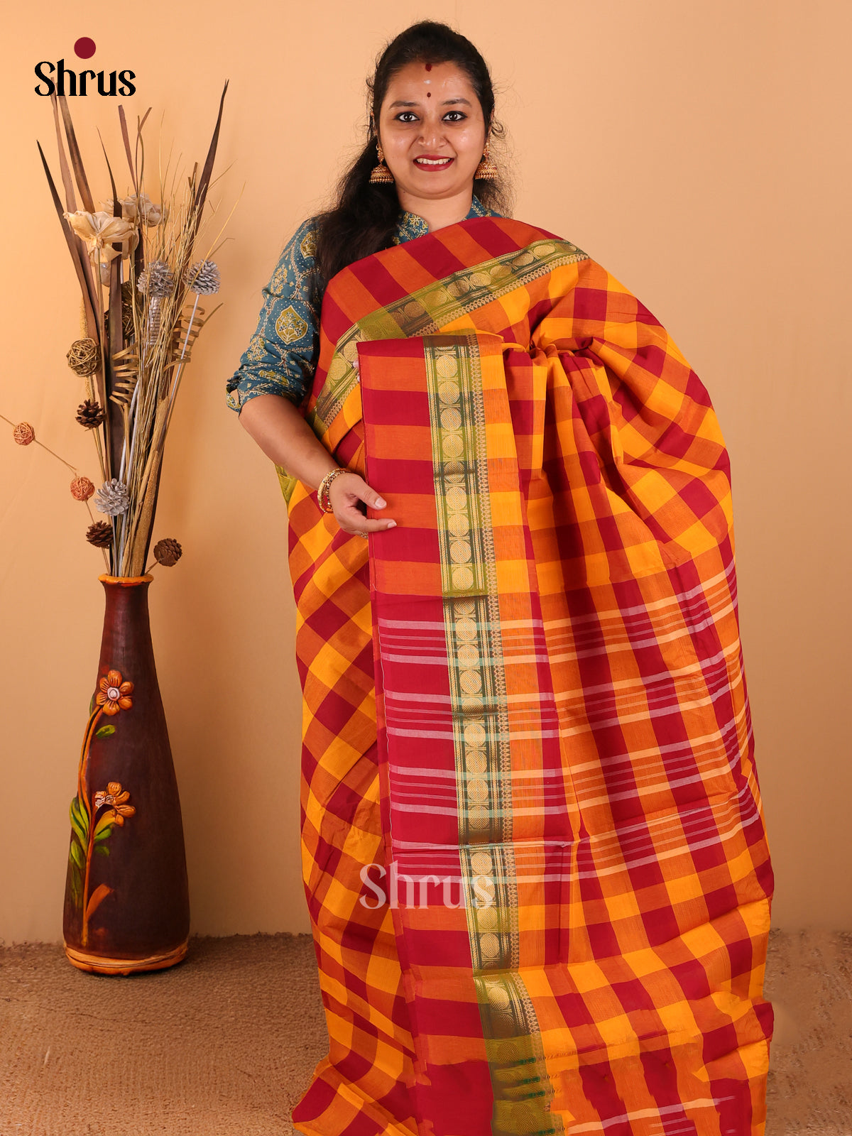 Mustard yelow with Maroon - Chettinad Cotton saree - DDS09263 - Shop on Shrus.com