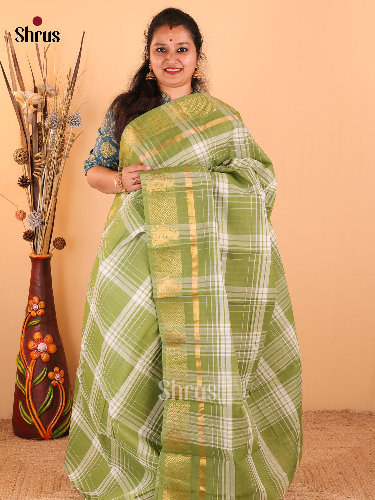 Olive green - Chettinad Cotton saree - DDS09265 - Shop on Shrus.com