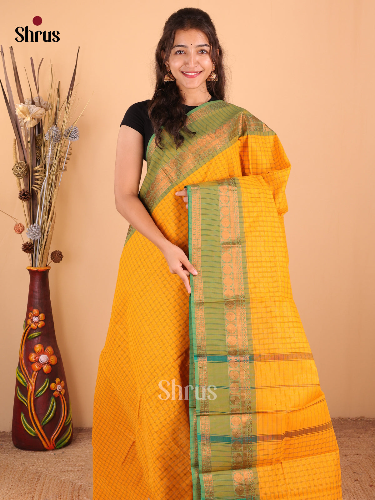Mustard yellow Green - Chettinad Cotton Saree - DDS09269 - Shop on Shrus.com