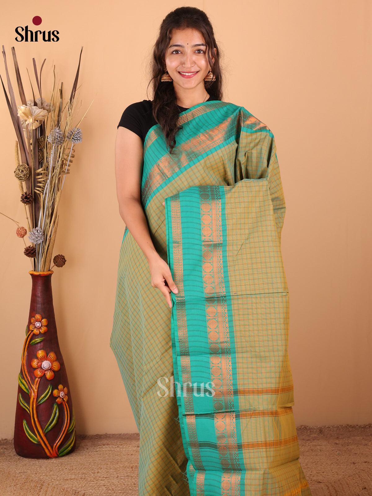 Green with Teal green - Chettinad Cotton Saree - DDS09270 - Shop on Shrus.com