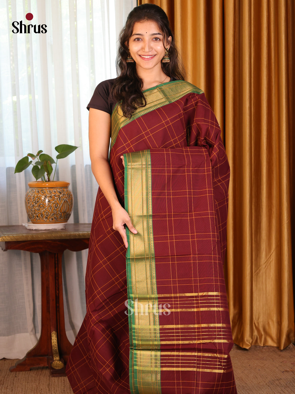 Brown with Green - DDS09272 - Chettinad Cotton Saree - Shop on Shrus.com