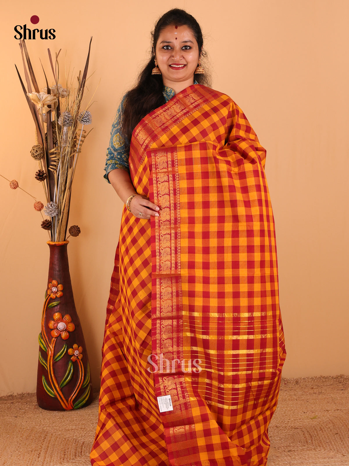 Mustard yelow with Maroon - Chettinad Cotton saree - DDS09273 - Shop on Shrus.com