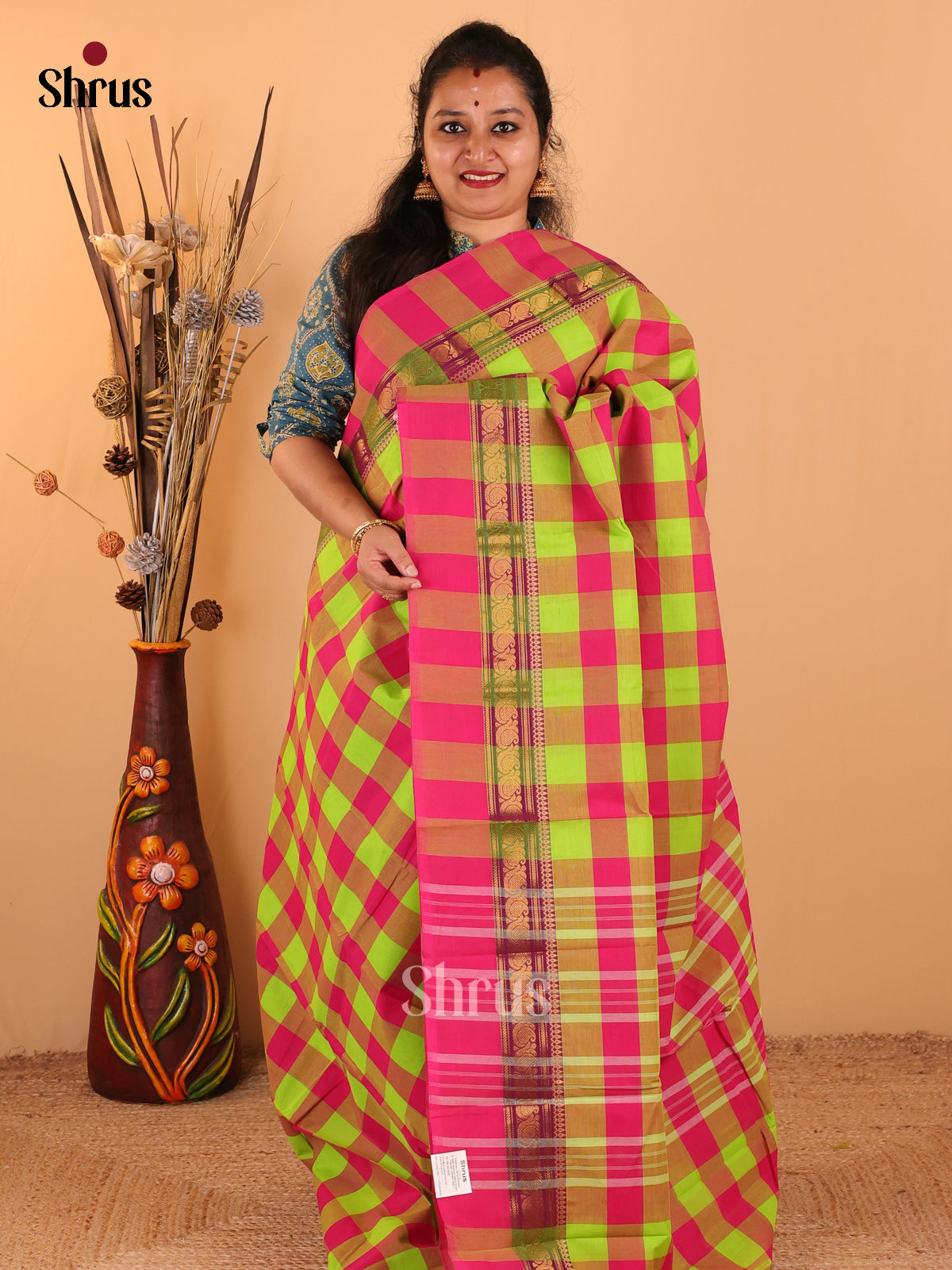 Pink with Neon Green - Chettinad Cotton saree - DDS09275 - Shop on Shrus.com