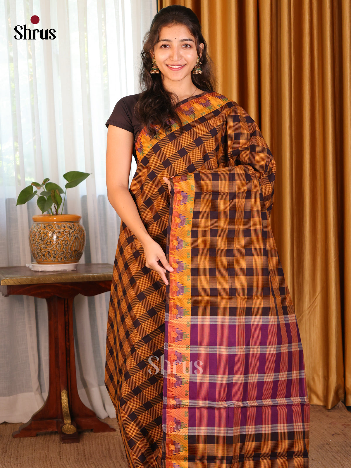 Dark Mustard with Purple - DDS09279 - Chettinad Cotton Saree - Shop on Shrus.com