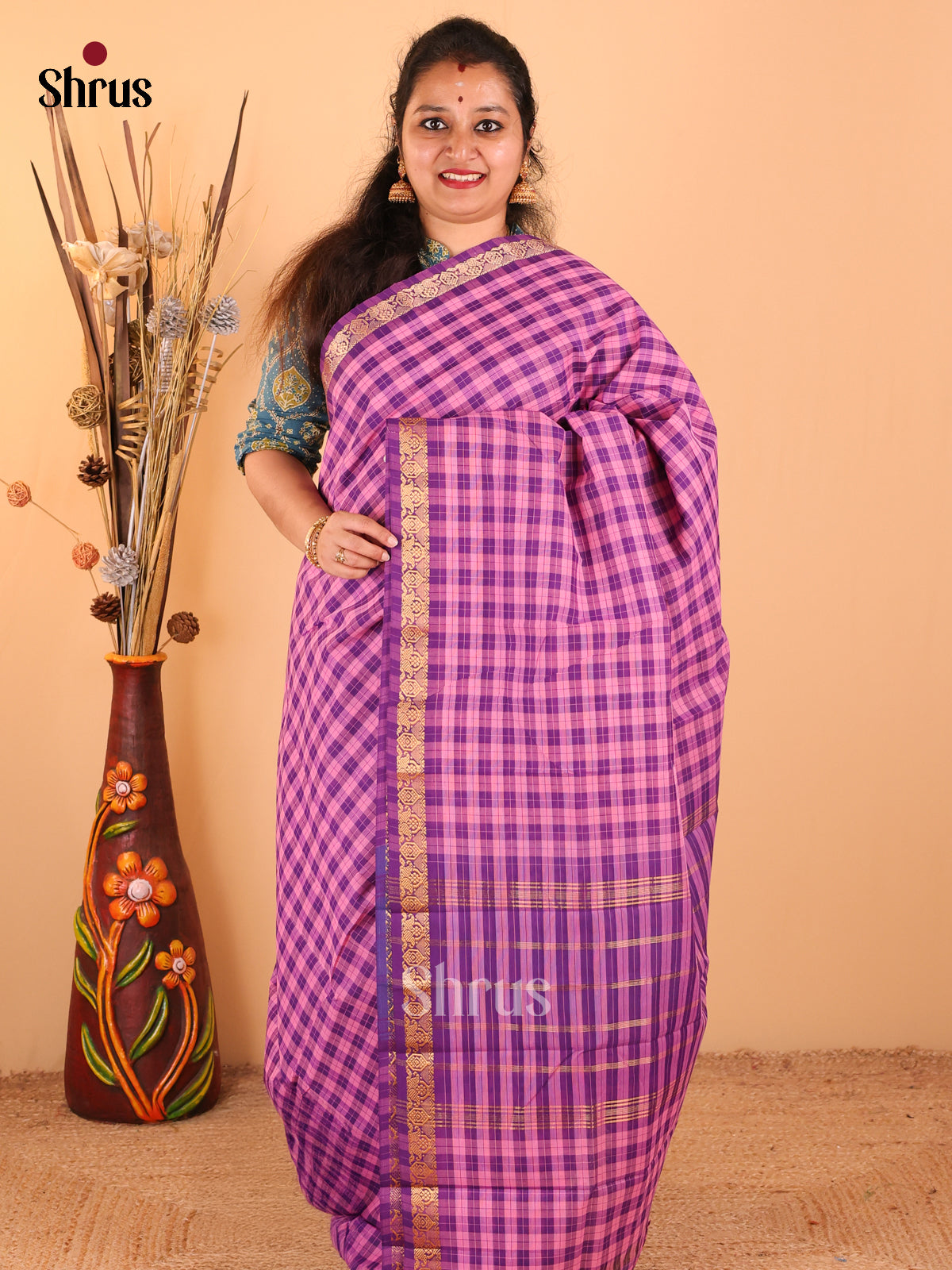Pink with Violet - Chettinad Cotton saree - DDS09283 - Shop on Shrus.com