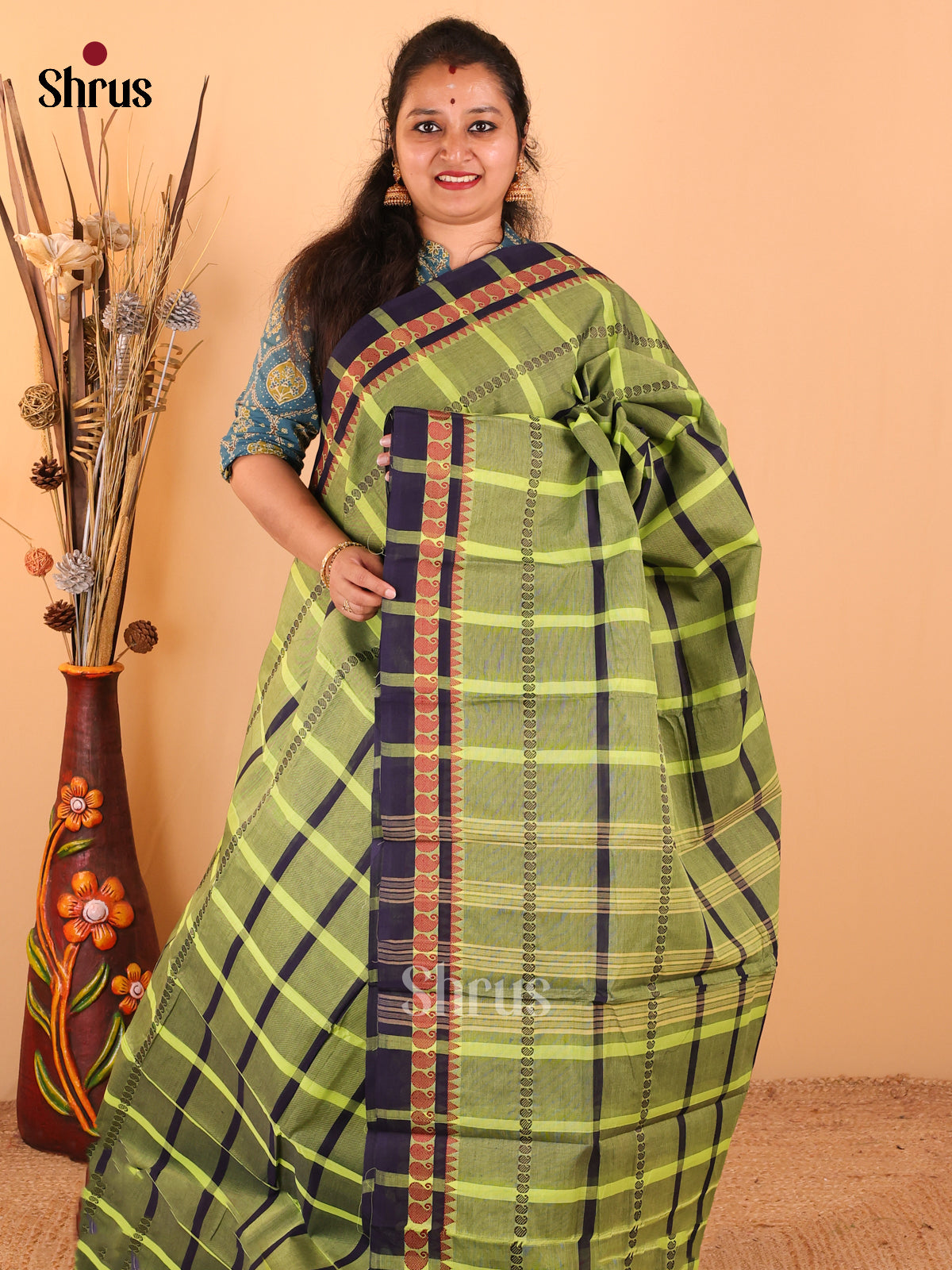Neon Green with navy Blue - Chettinad Cotton saree - DDS09284 - Shop on Shrus.com