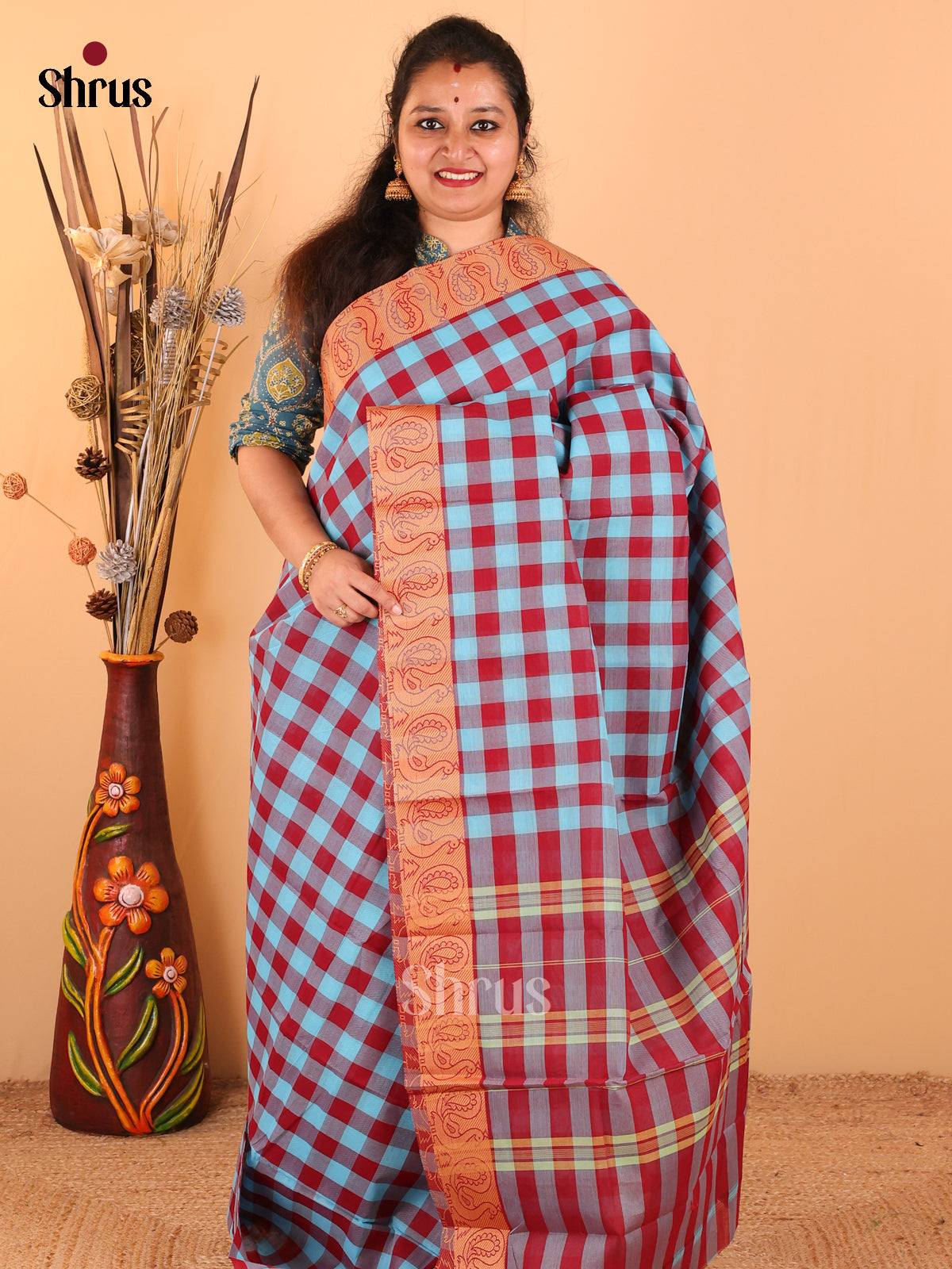 Sky blue with Maroon - Chettinad Cotton saree - DDS09285 - Shop on Shrus.com