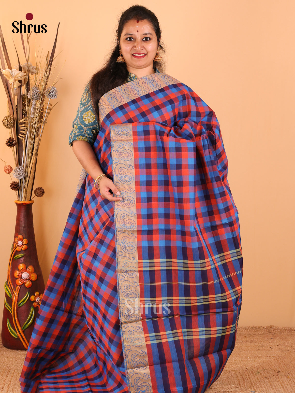 Rama blue with Orange - Chettinad Cotton saree - DDS09286 - Shop on Shrus.com