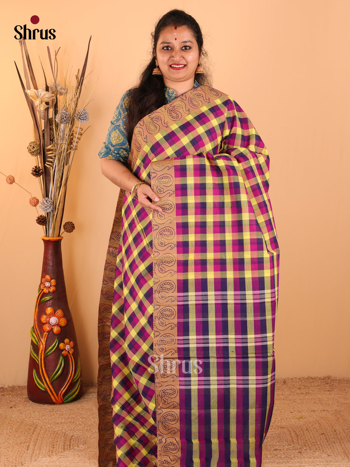 Lime Yellow with Purple & Navy blue - Chettinad Cotton saree - DDS09289 - Shop on Shrus.com