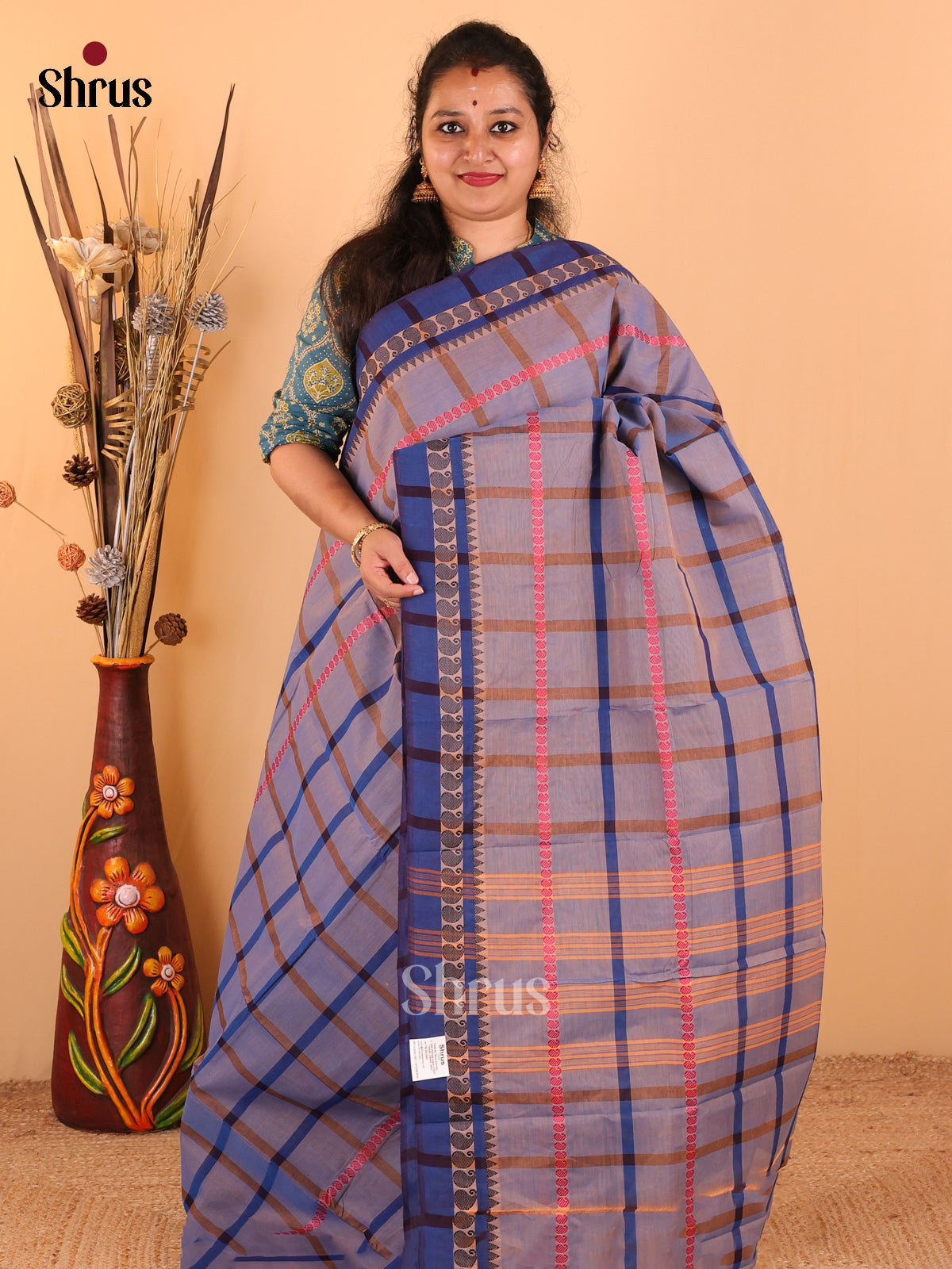 Brown with Rama blue - Chettinad Cotton saree - DDS09290 - Shop on Shrus.com