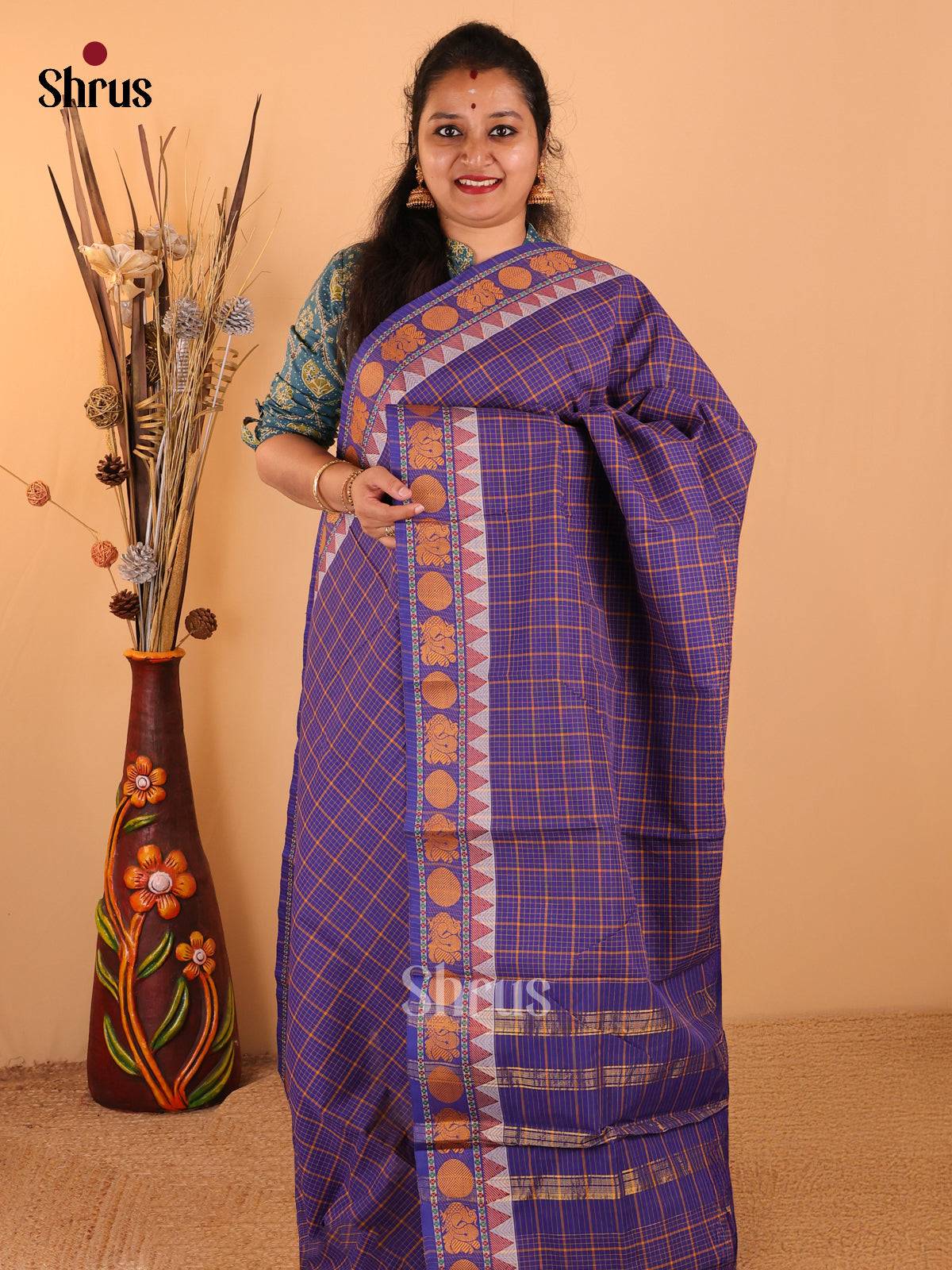 Royal blue with orange - Chettinad Cotton saree - DDS09292 - Shop on Shrus.com