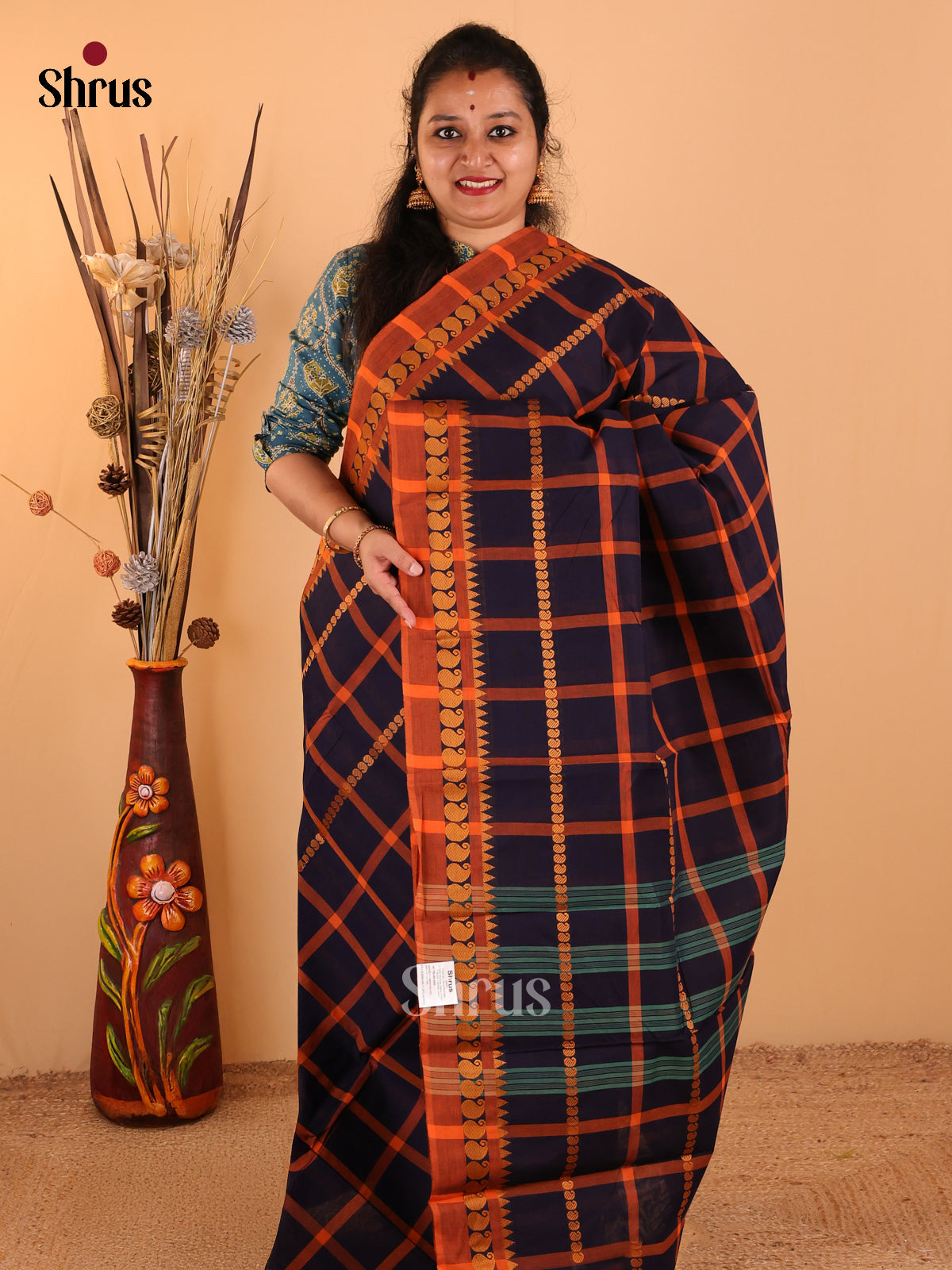 Navy blue with Orange - Chettinad Cotton saree - DDS09294 - Shop on Shrus.com