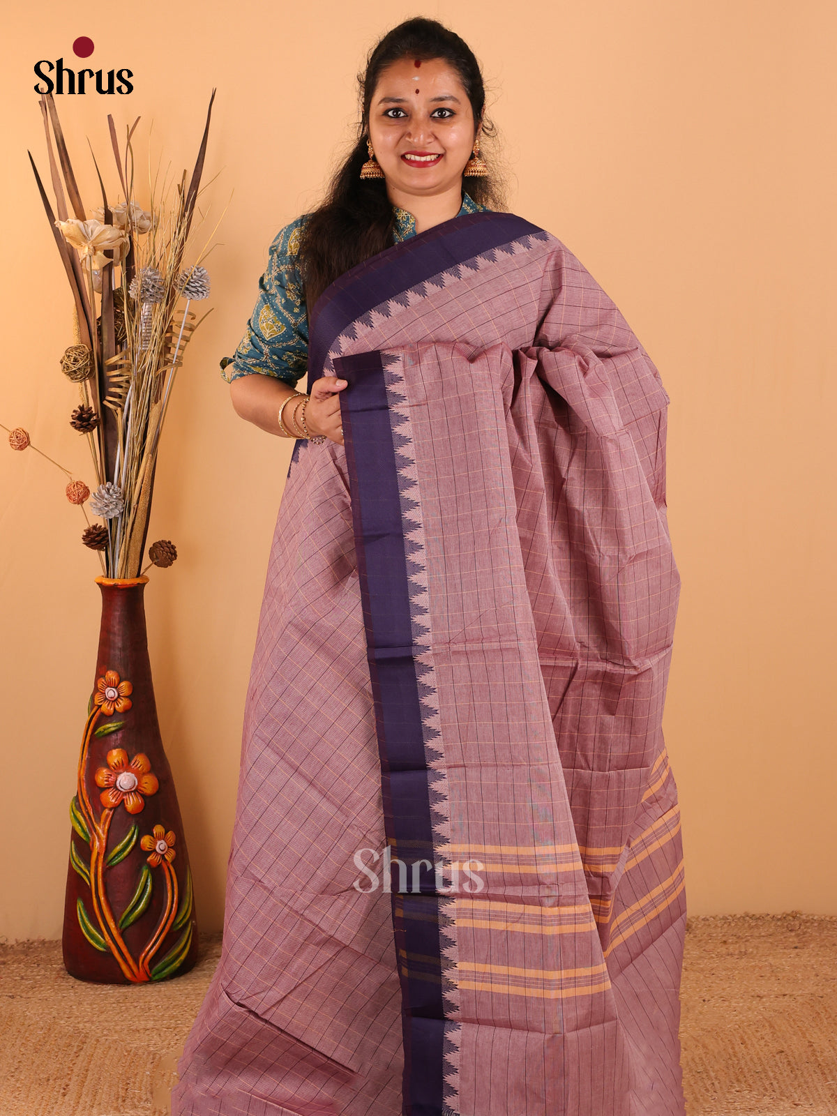 Dual Tone Onion Pink with Navy blue - Chettinad Cotton saree - DDS09295 - Shop on Shrus.com