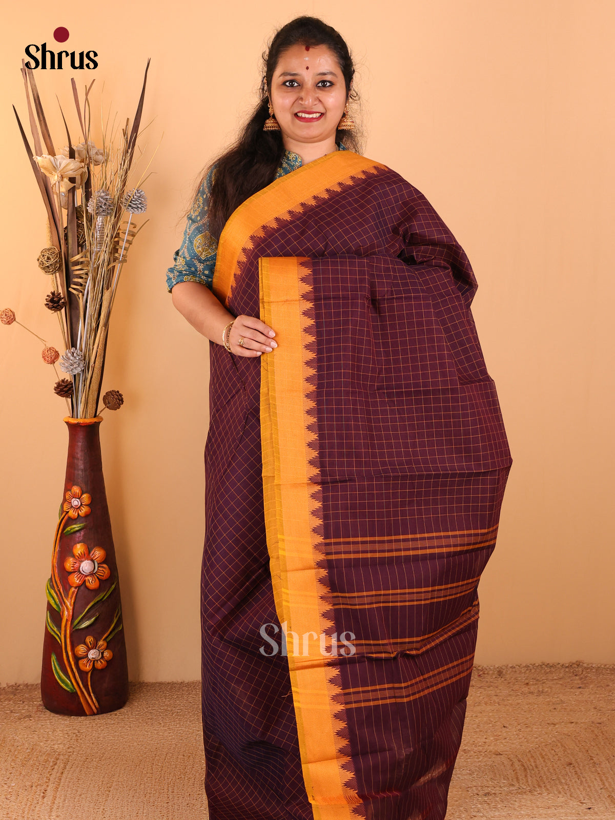 Plum with Orange - Chettinad Cotton saree - DDS09296 - Shop on Shrus.com
