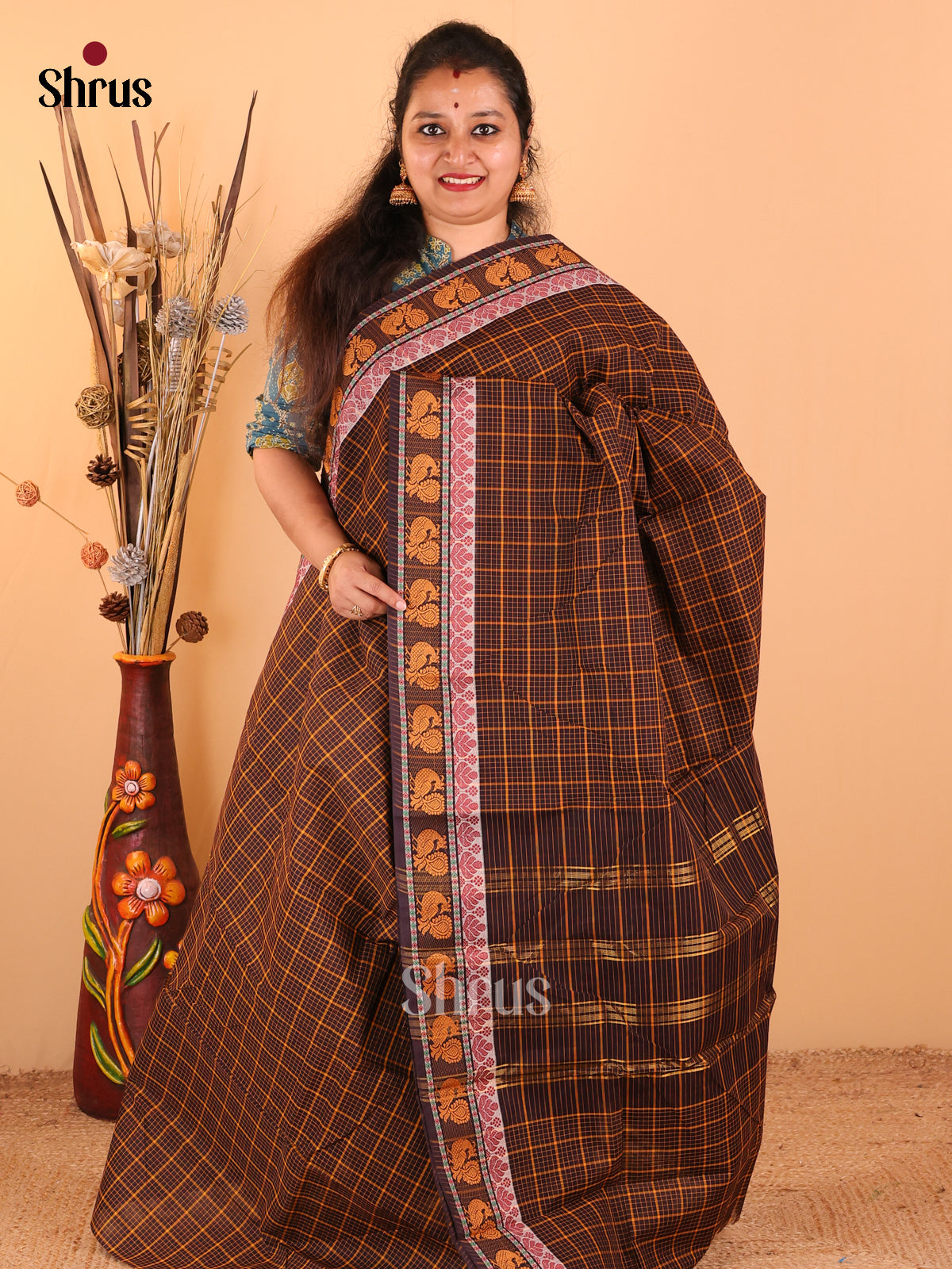 Navy wity with Mustard - Chettinad Cotton saree - DDS09299 - Shop on Shrus.com