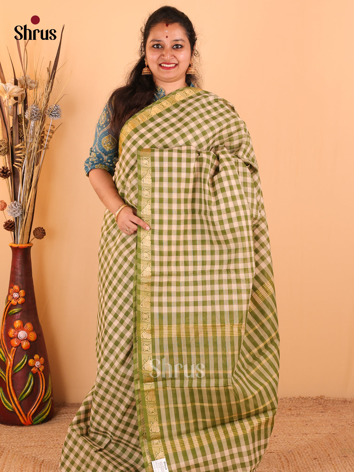 Sandal with Green - Chettinad Cotton saree - DDS09303 - Shop on Shrus.com