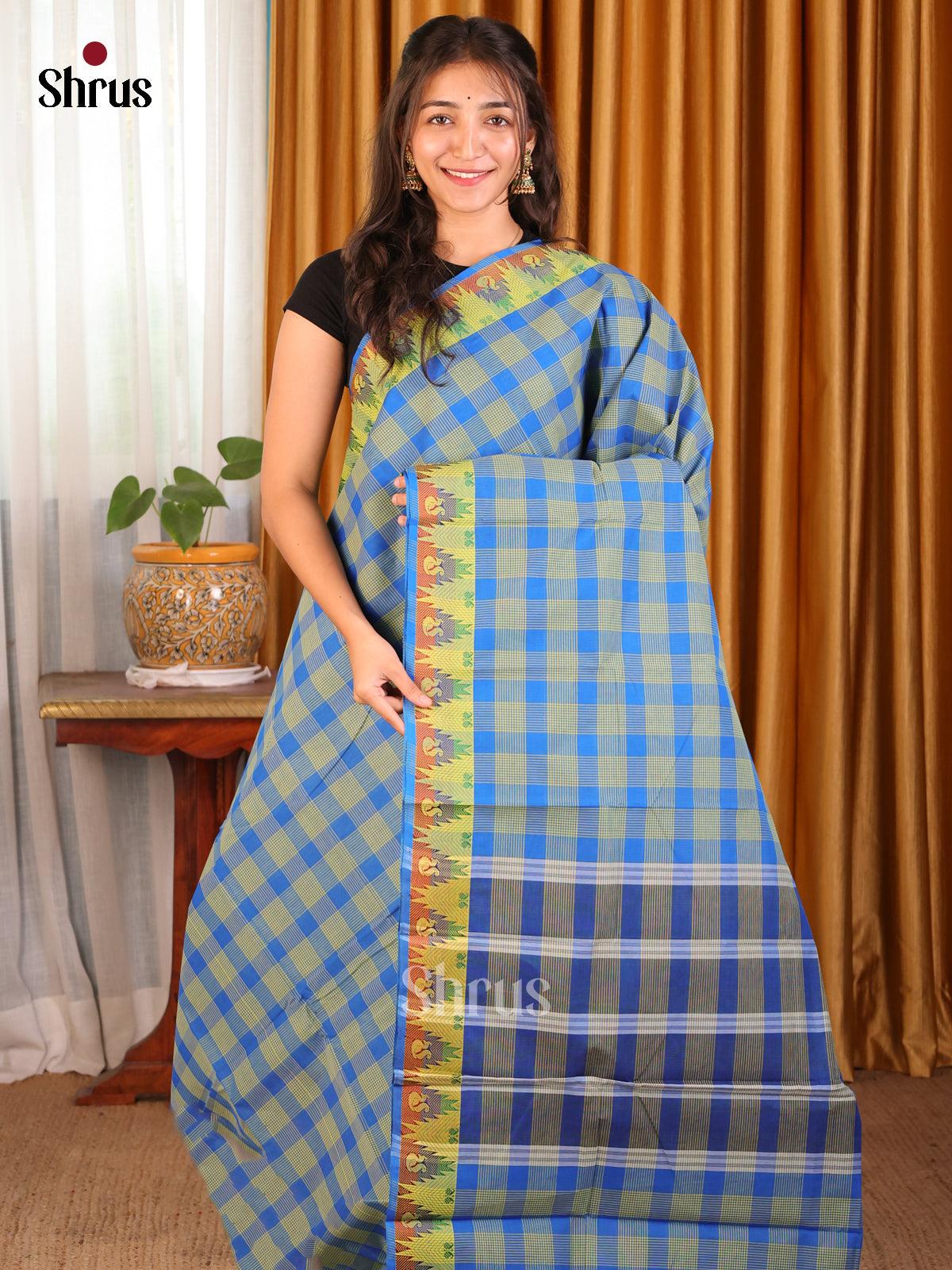 Blue & Green- Chettinad Cotton Saree - Shop on Shrus.com