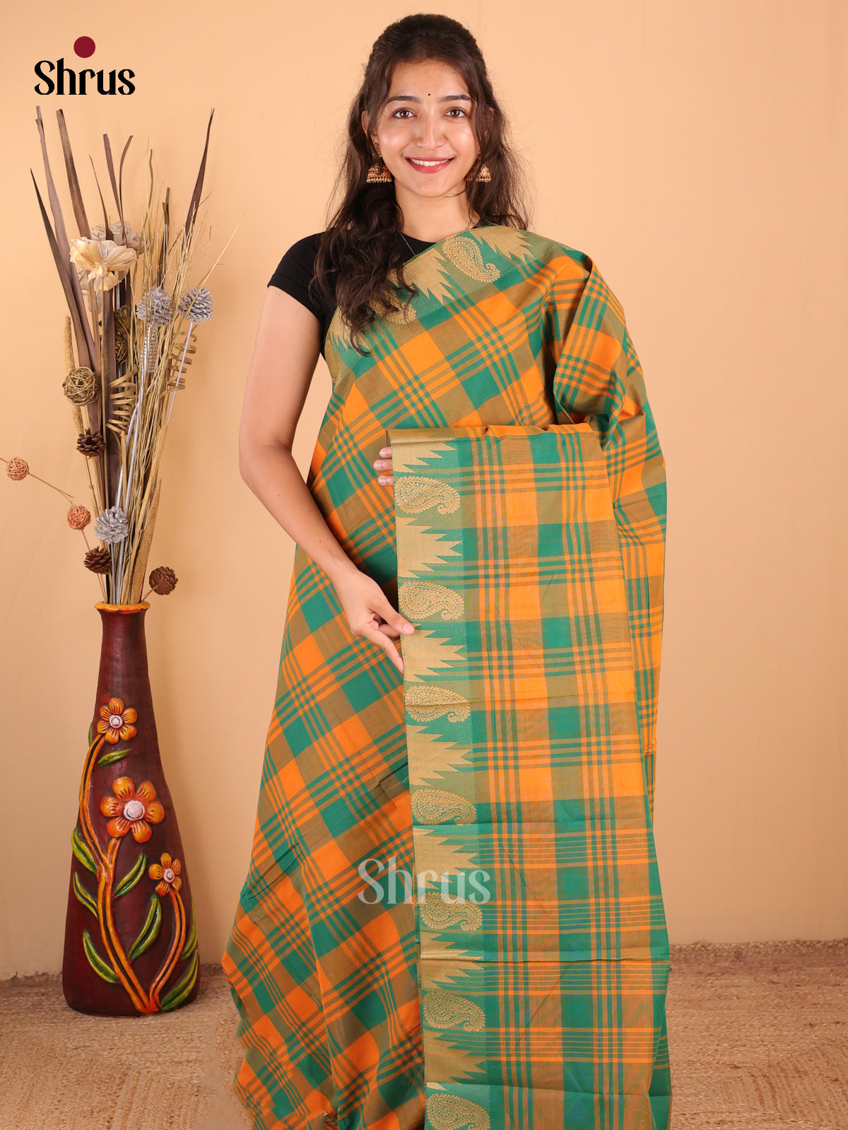 Orange with Green - Chettinad Cotton Saree - DDS09310 - Shop on Shrus.com