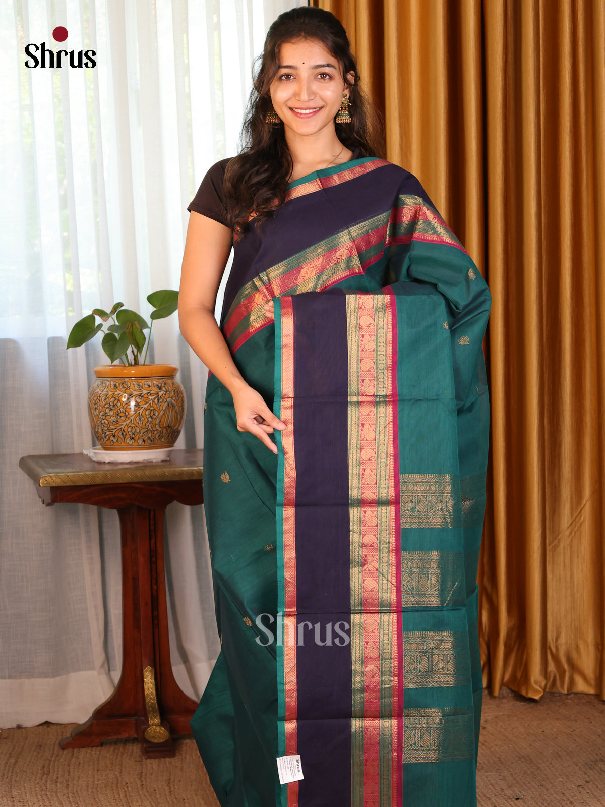 Peacock Green with Navy Blue - Chettinad Cotton Saree - DDS09318 - Shop on Shrus.com