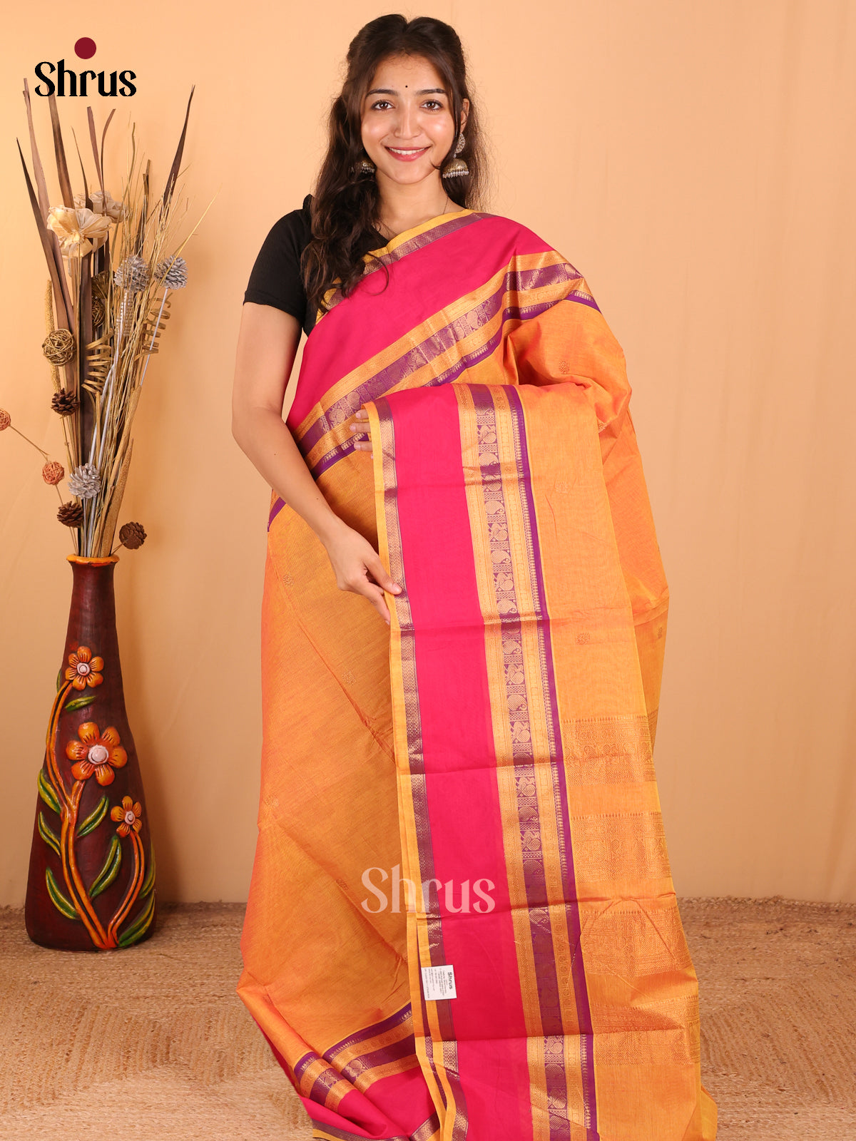 Dual Tone Mustard with pink & violet border - Chettinad Cotton Saree - DDS09319 - Shop on Shrus.com