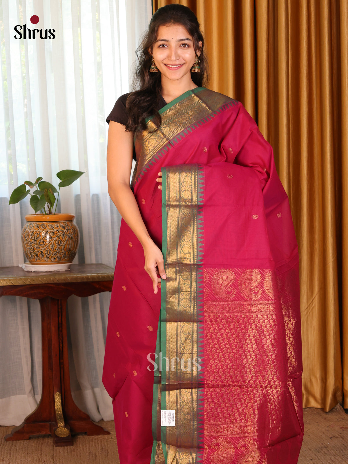Ruby pink with green - Chettinad Cotton Saree - DDS09321 - Shop on Shrus.com