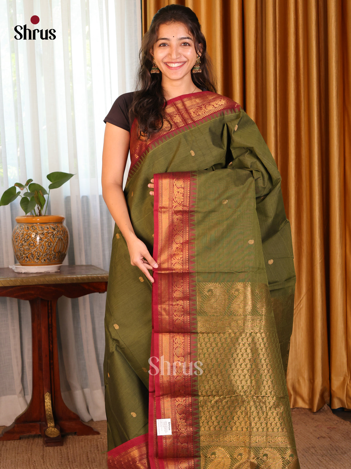 Army green with maroon - Chettinad Cotton Saree - DDS09324 - Shop on Shrus.com