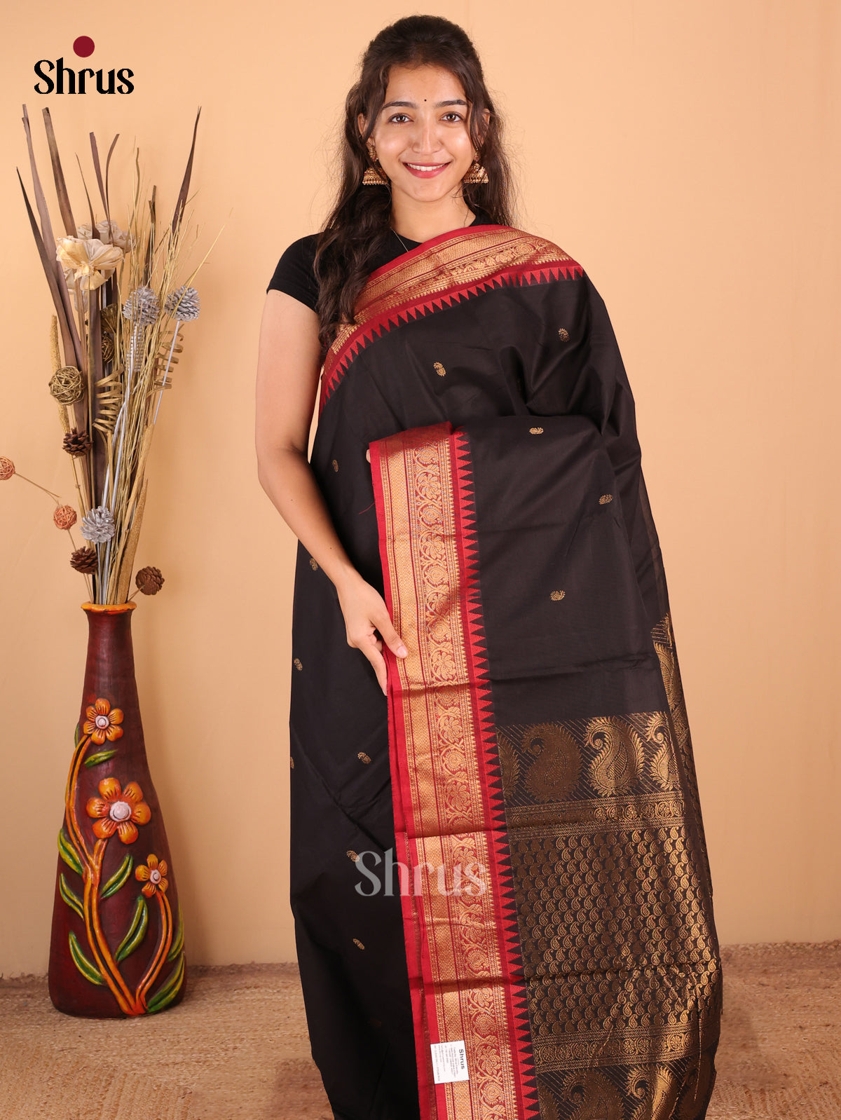 Black with Red - Chettinad Cotton Saree - DDS09325 - Shop on Shrus.com