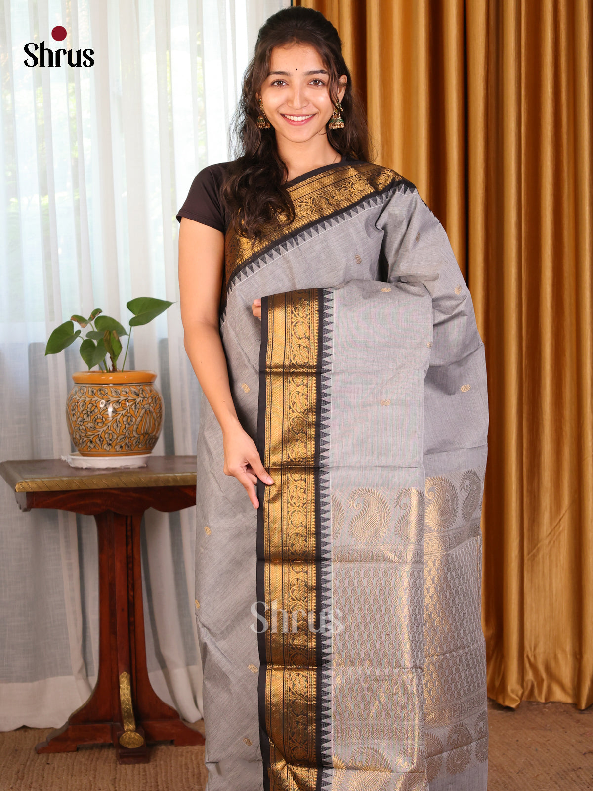 Grey with black - Chettinad Cotton Saree - DDS09326 - Shop on Shrus.com