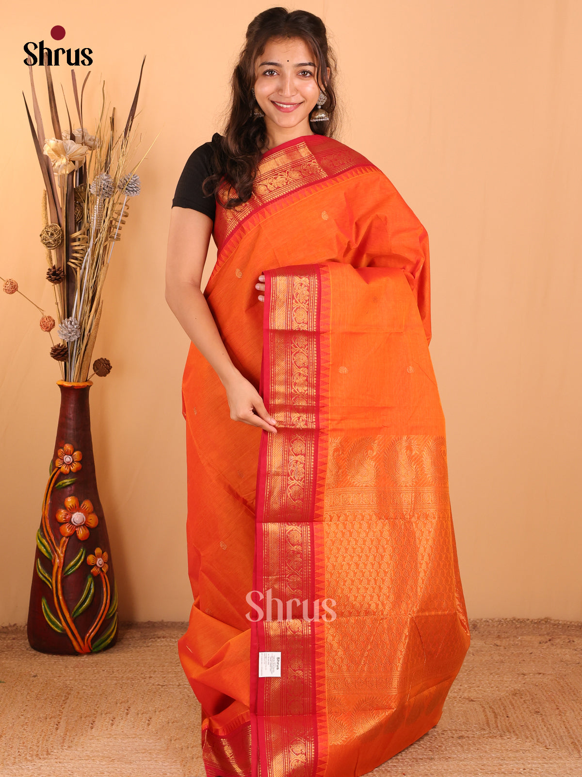 Orange with Red - Chettinad Cotton Saree - DDS09328 - Shop on Shrus.com