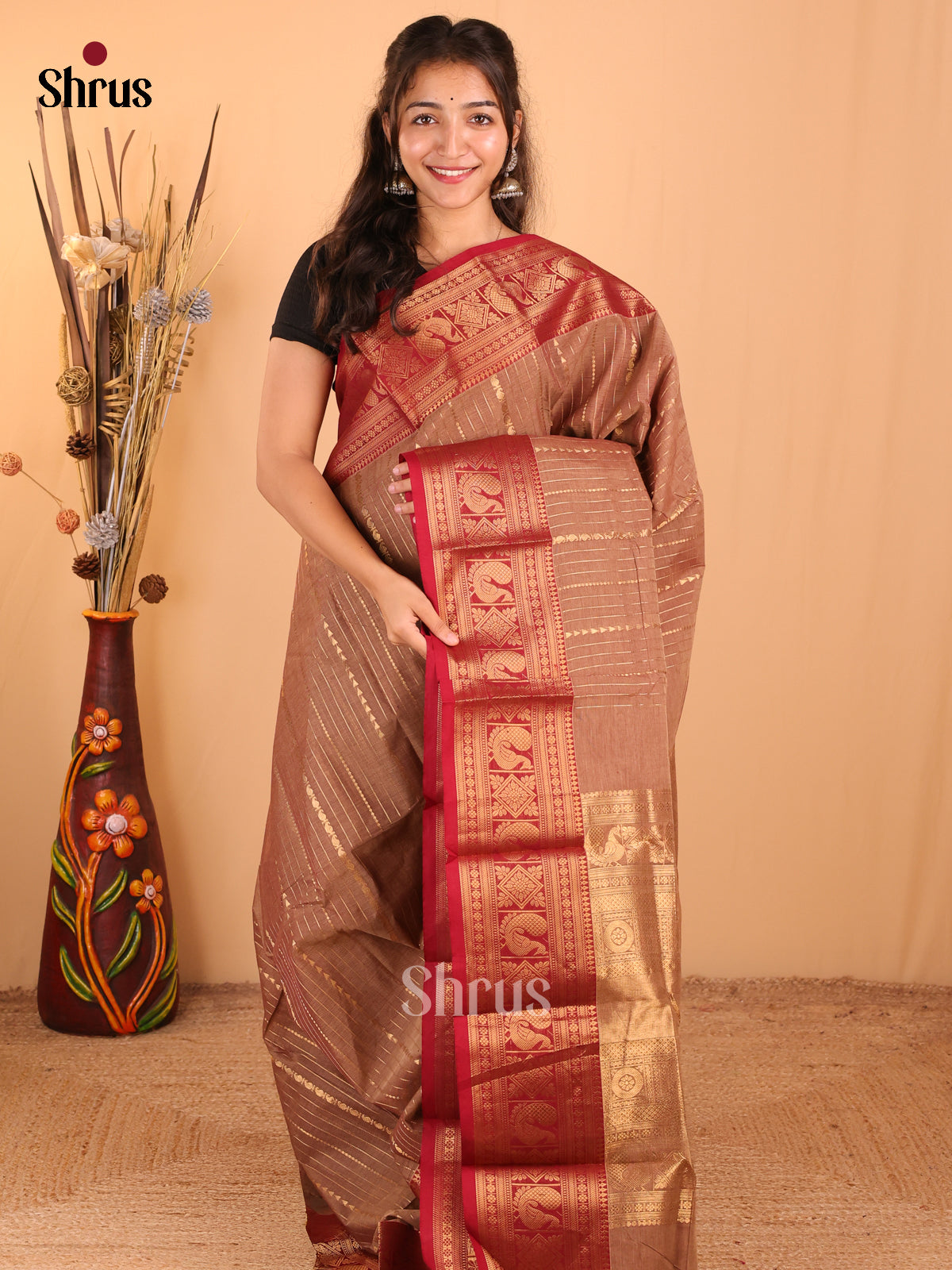 Brown with Red - Chettinad Cotton Saree - DDS09336 - Shop on Shrus.com