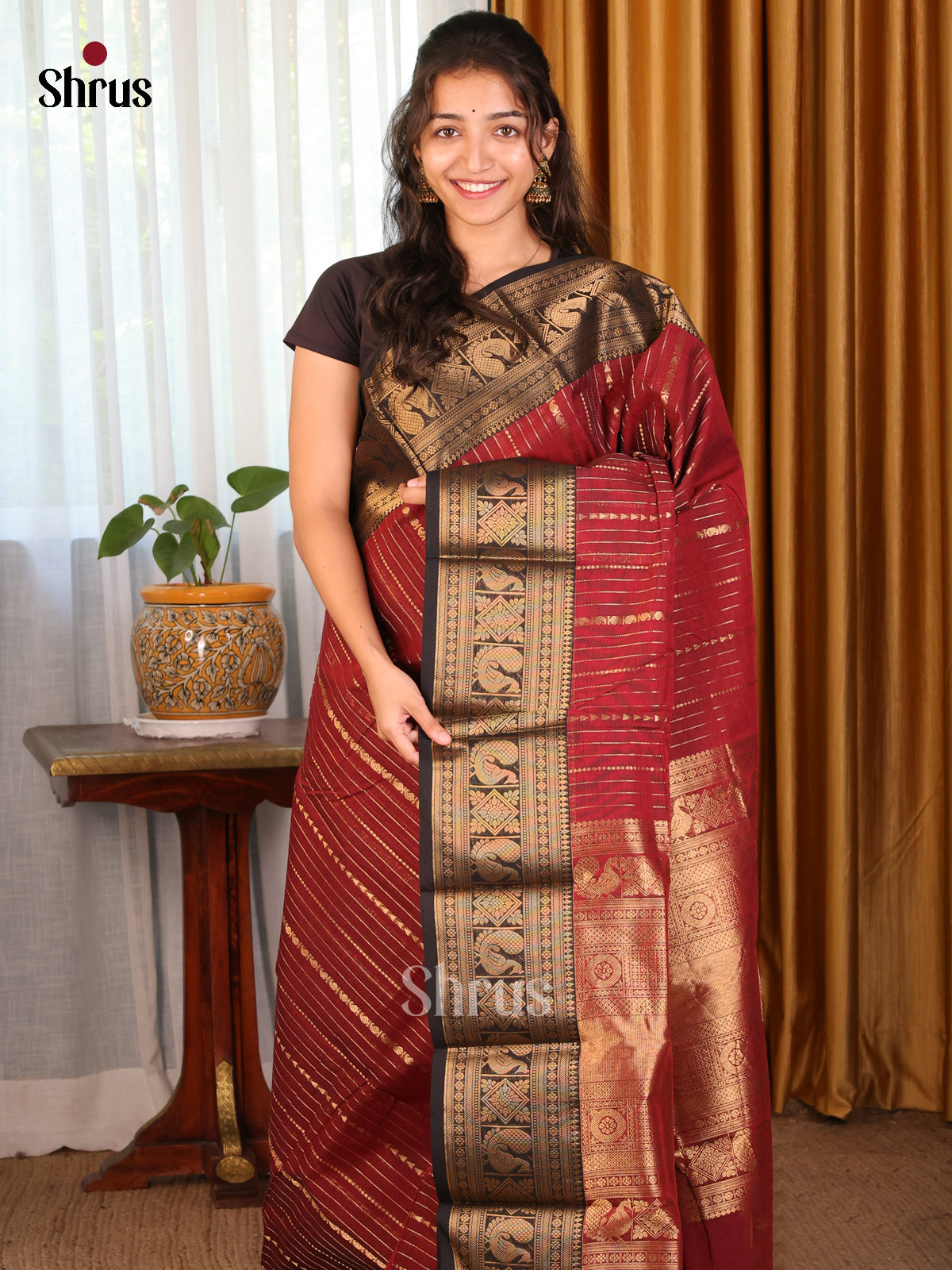 Maroon with Black - Chettinad Cotton Saree - DDS09340 - Shop on Shrus.com
