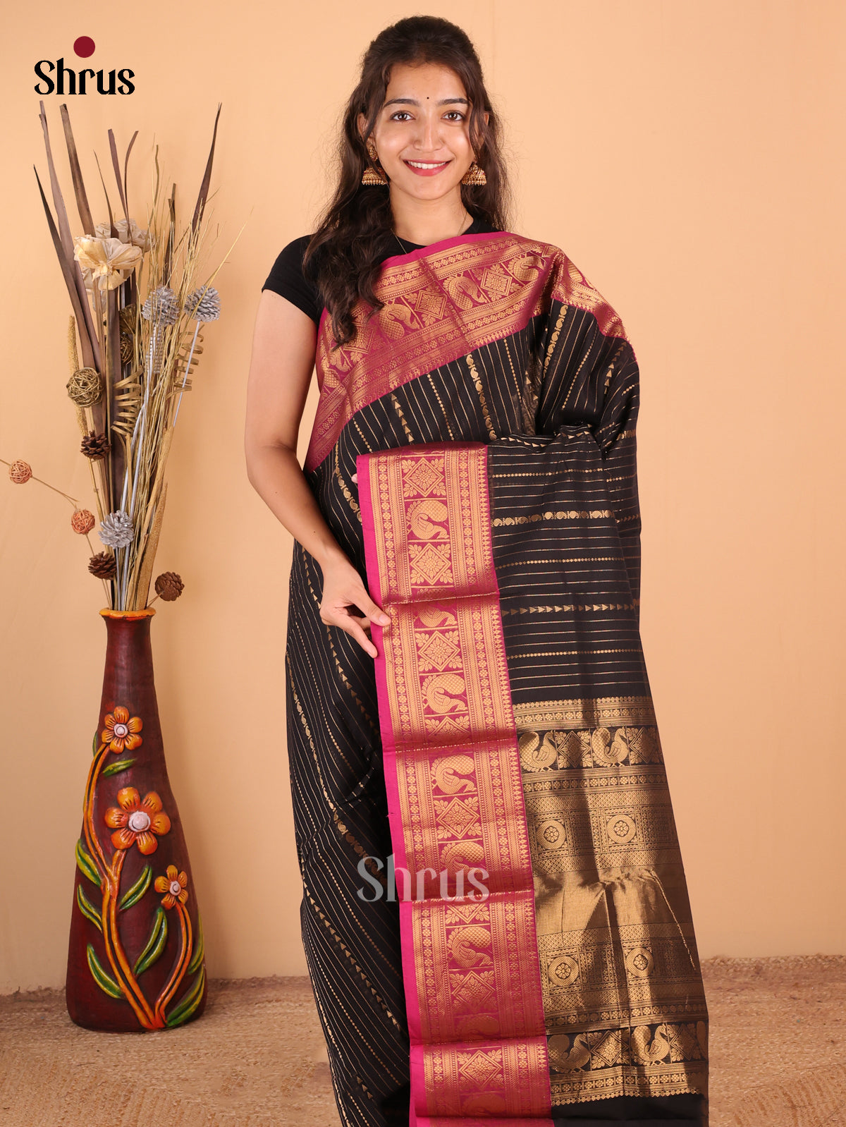 Black with pink - Chettinad Cotton Saree - DDS09341 - Shop on Shrus.com