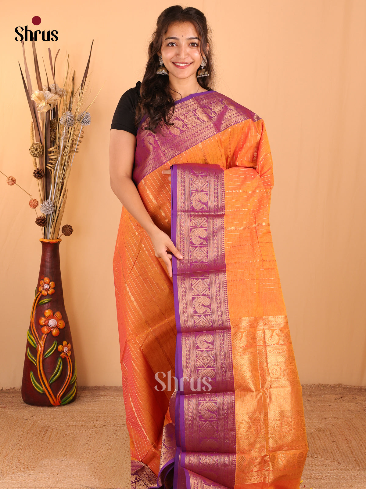 Dual Tone Orange with Pink & Violet Border - Chettinad Cotton Saree - DDS09342 - Shop on Shrus.com