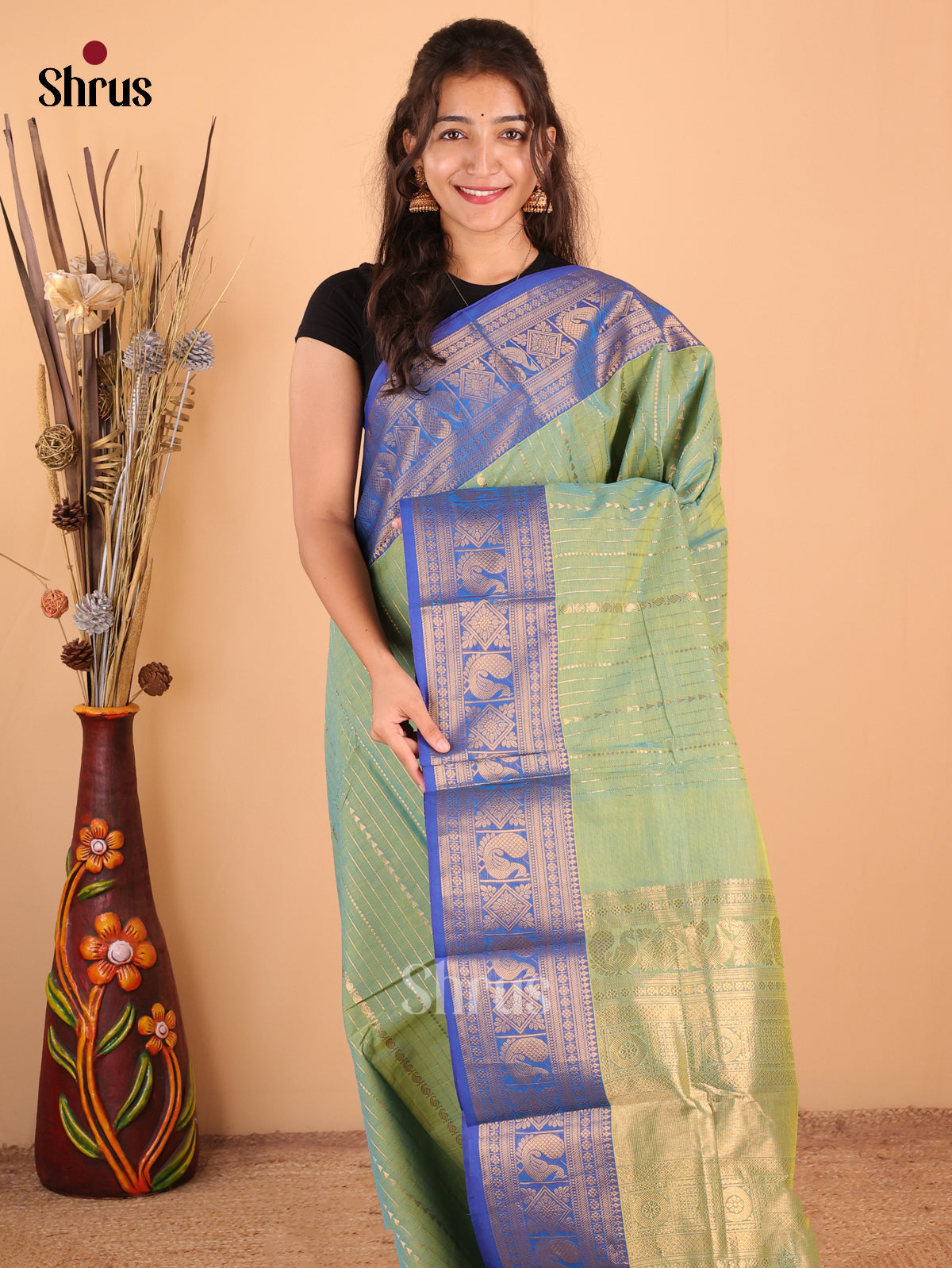 Dual Tone Pastel Green with Blue - Chettinad Cotton Saree - DDS09343 - Shop on Shrus.com