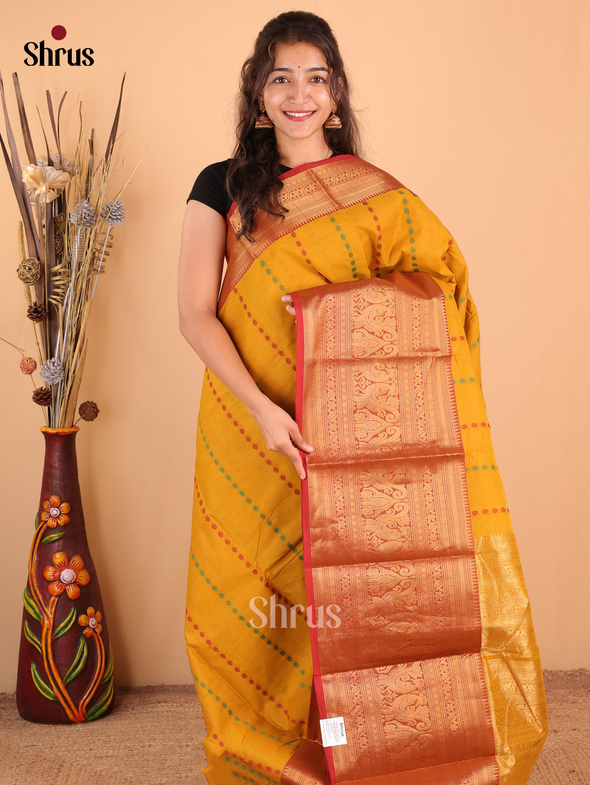 Mustrad with Rust - Chettinad Cotton Saree - DDS09345 - Shop on Shrus.com