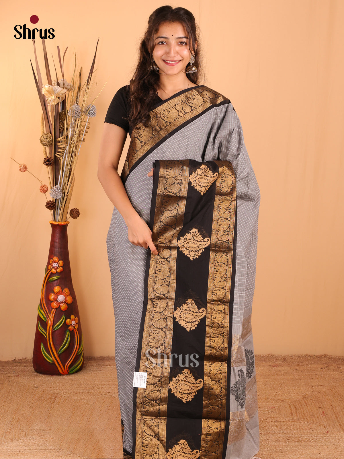 Grey with Black - Chettinad Cotton Saree - DDS09353 - Shop on Shrus.com
