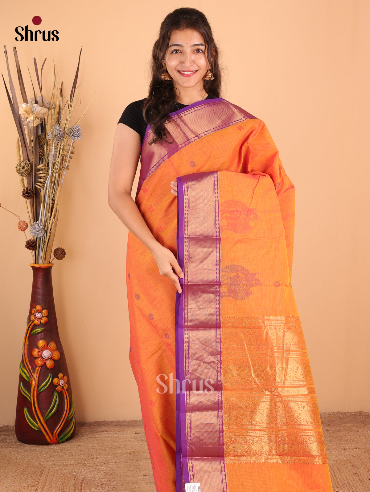 Dual Tone orange with pink & violet Border - Chettinad Cotton Saree - DDS09360 - Shop on Shrus.com