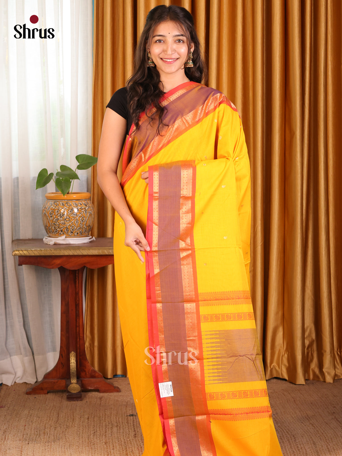 Yellow with Orange - Chettinad Cotton Saree - Shop on Shrus.com