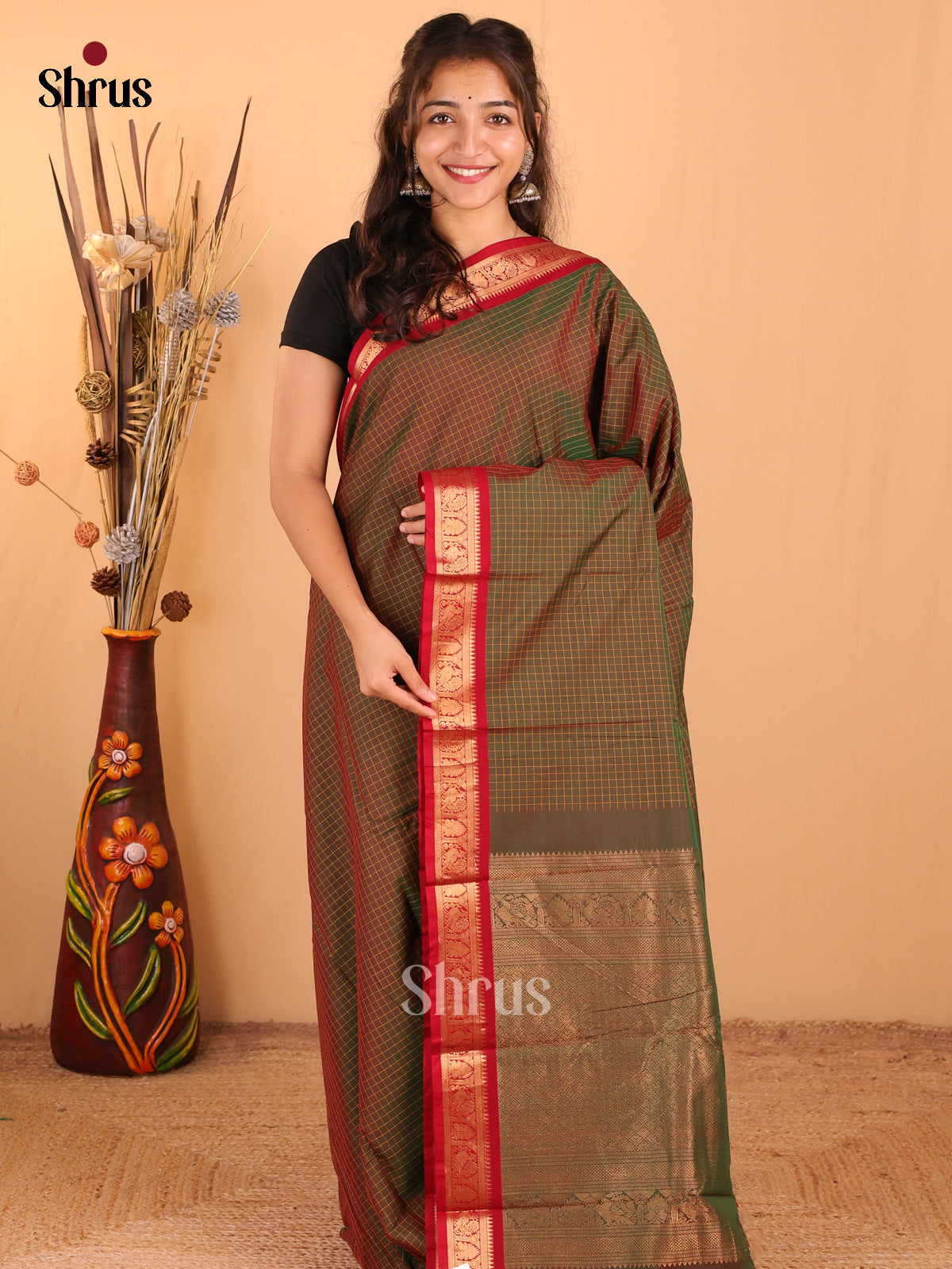 Dual Tone Bottle green with Maroon - Chettinad Cotton Saree - DDS09374 - Shop on Shrus.com