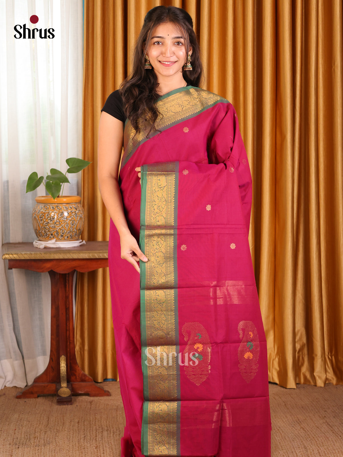 Red Chettinad Cotton Saree with Zari Buttas & Green Kanchi Zari Border - Shop on Shrus.com