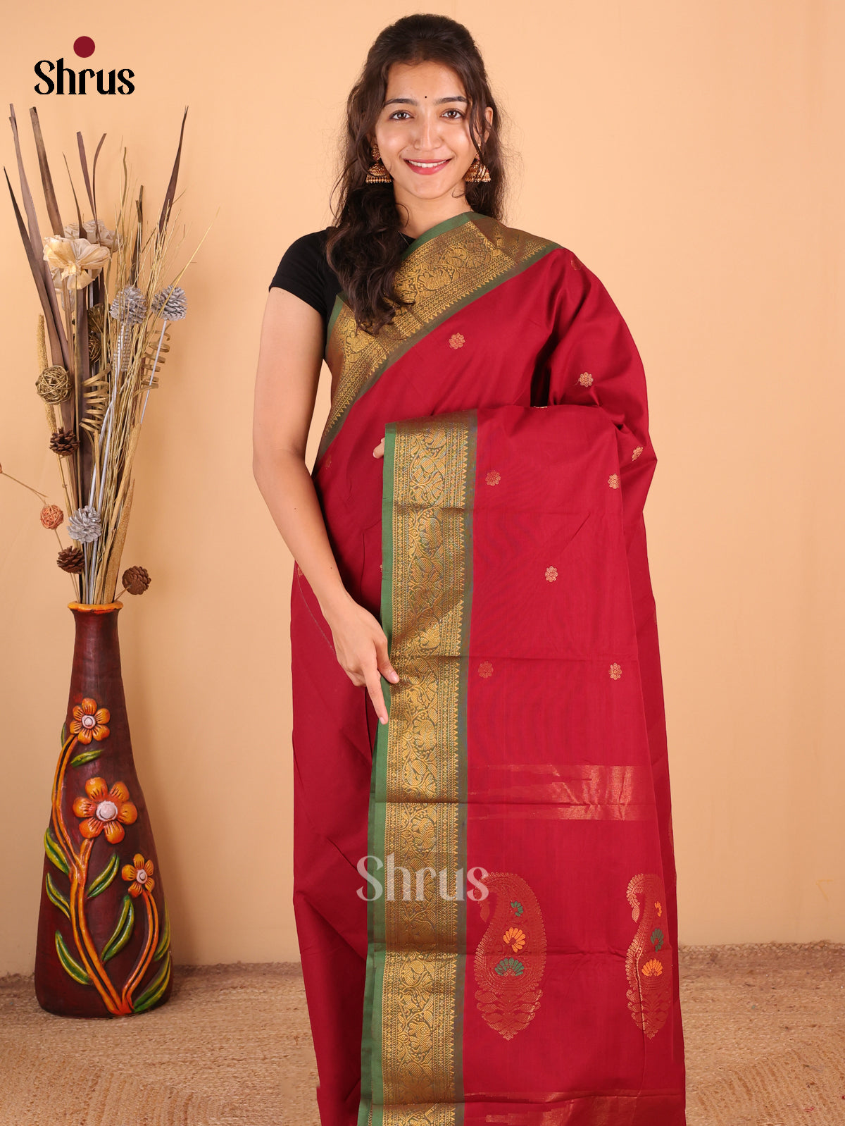 Maroon with Green - Chettinad Cotton Saree - DDS09386 - Shop on Shrus.com