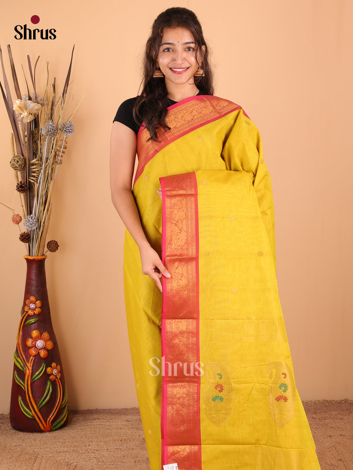 Dual Tone Lemon yellow with Pink - Chettinad Cotton Saree - DDS09387 - Shop on Shrus.com