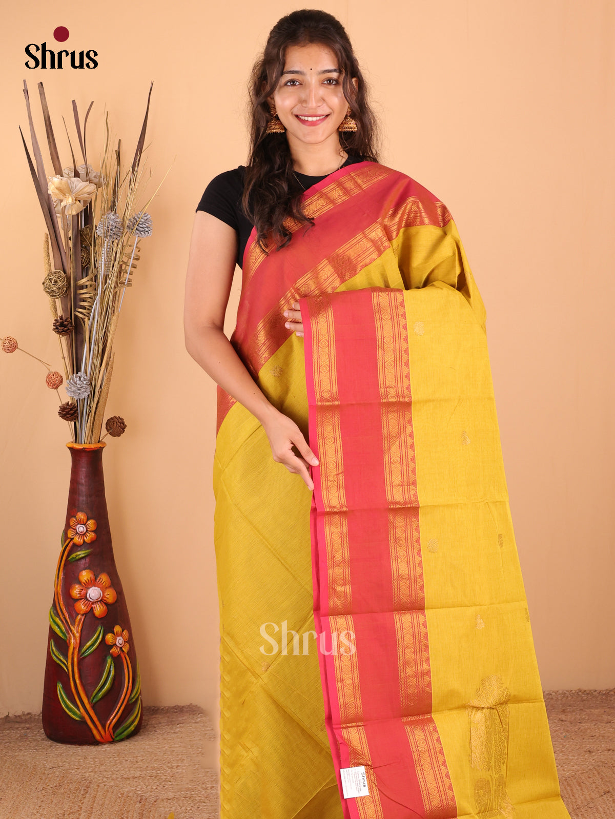 Lime green with pink - Chettinad Cotton Saree - DDS09388 - Shop on Shrus.com
