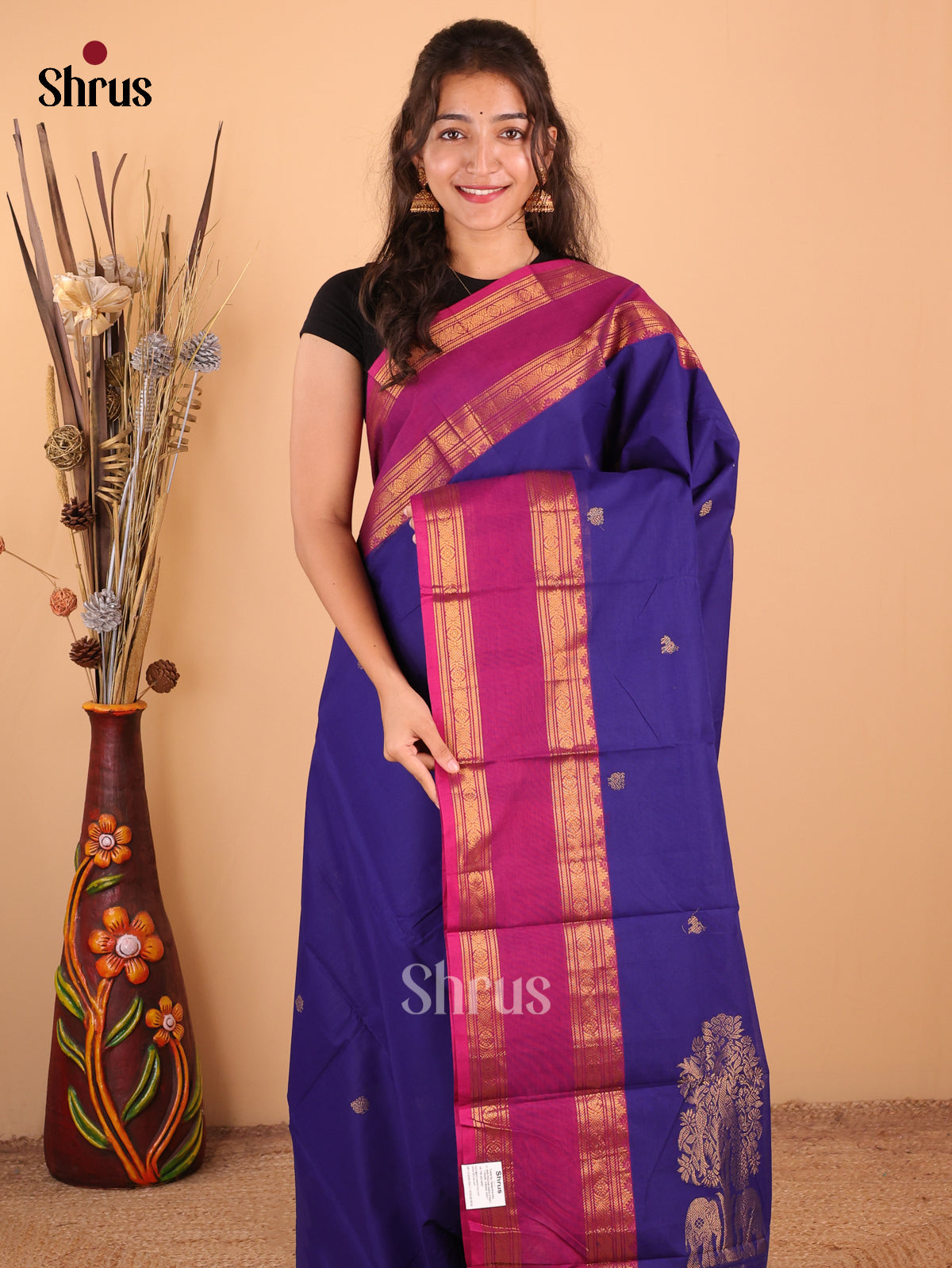 Royal Blue with Dark Magenta - Chettinad Cotton Saree - DDS09389 - Shop on Shrus.com