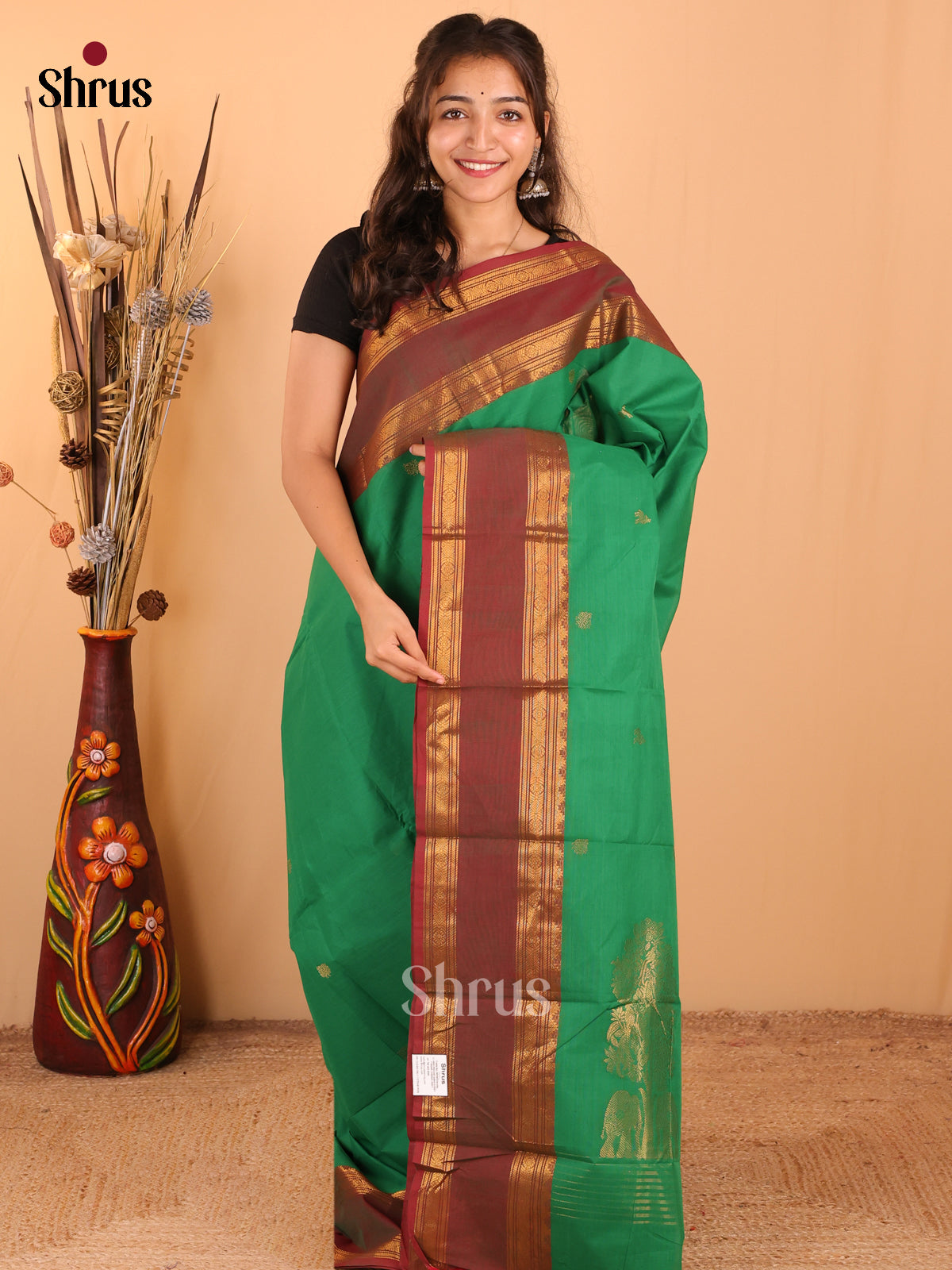 Leaf green with Brown - Chettinad Cotton Saree - DDS09393 - Shop on Shrus.com