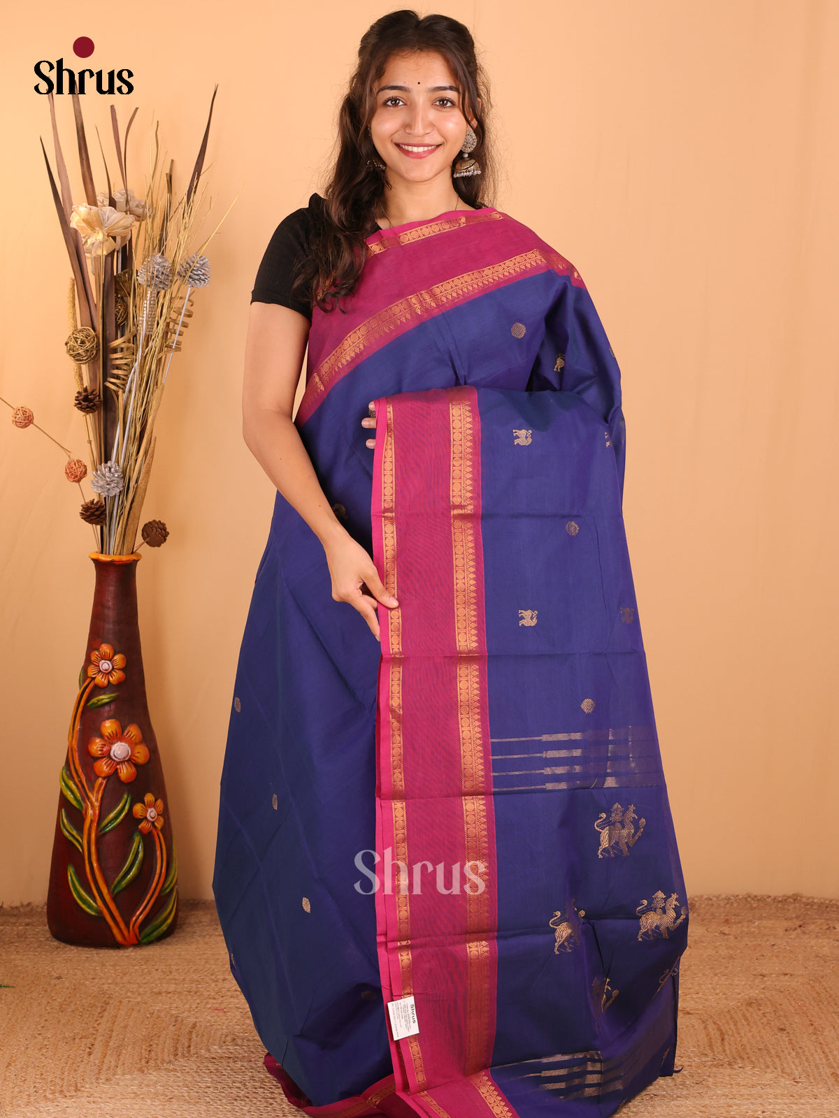 Dark navy Blue with Pink - Chettinad Cotton Saree - DDS09398 - Shop on Shrus.com