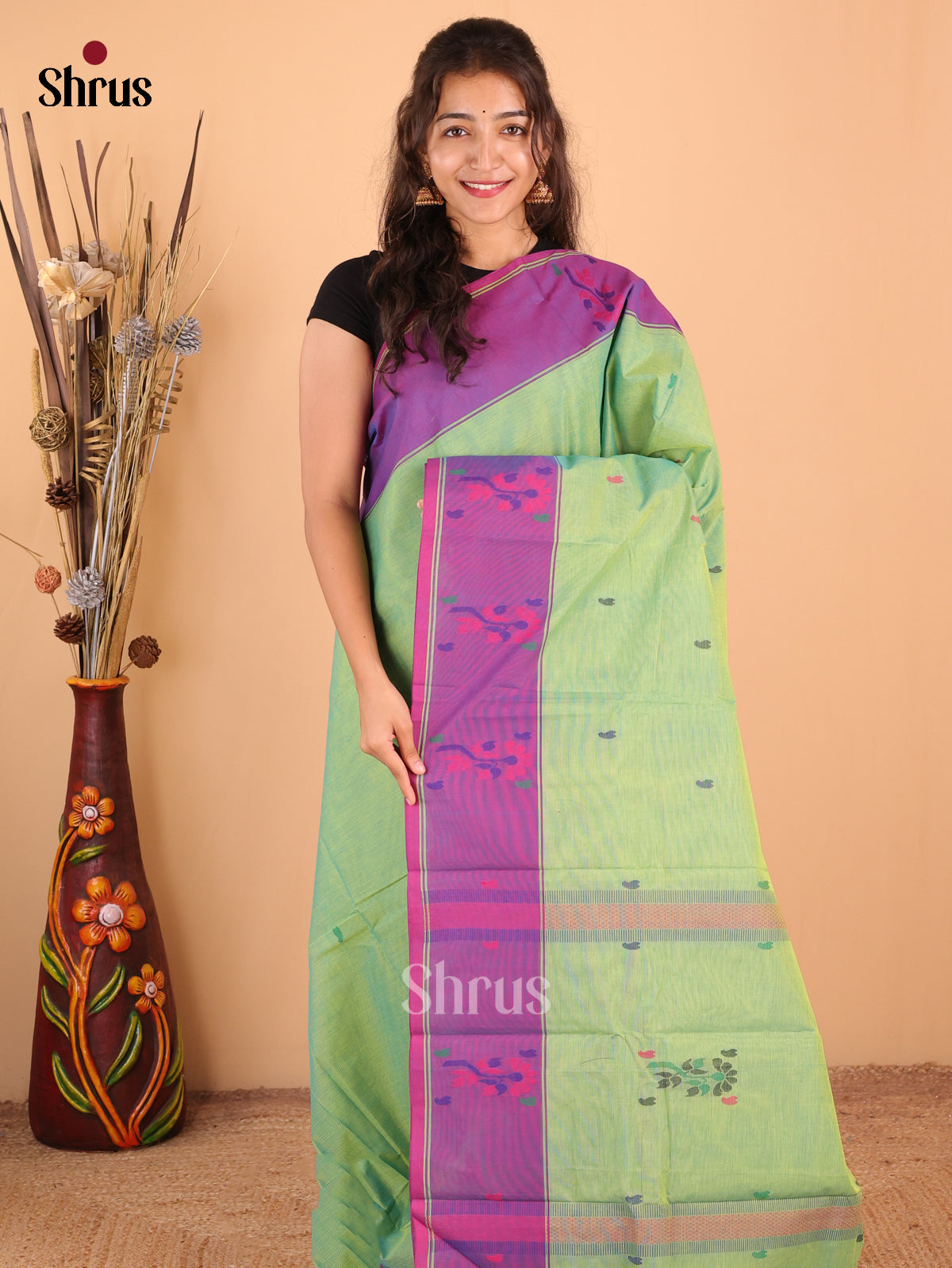 Dual Tone Parrot Green with Blue & Purple Border - Chettinad Cotton Saree - DDS09400 - Shop on Shrus.com