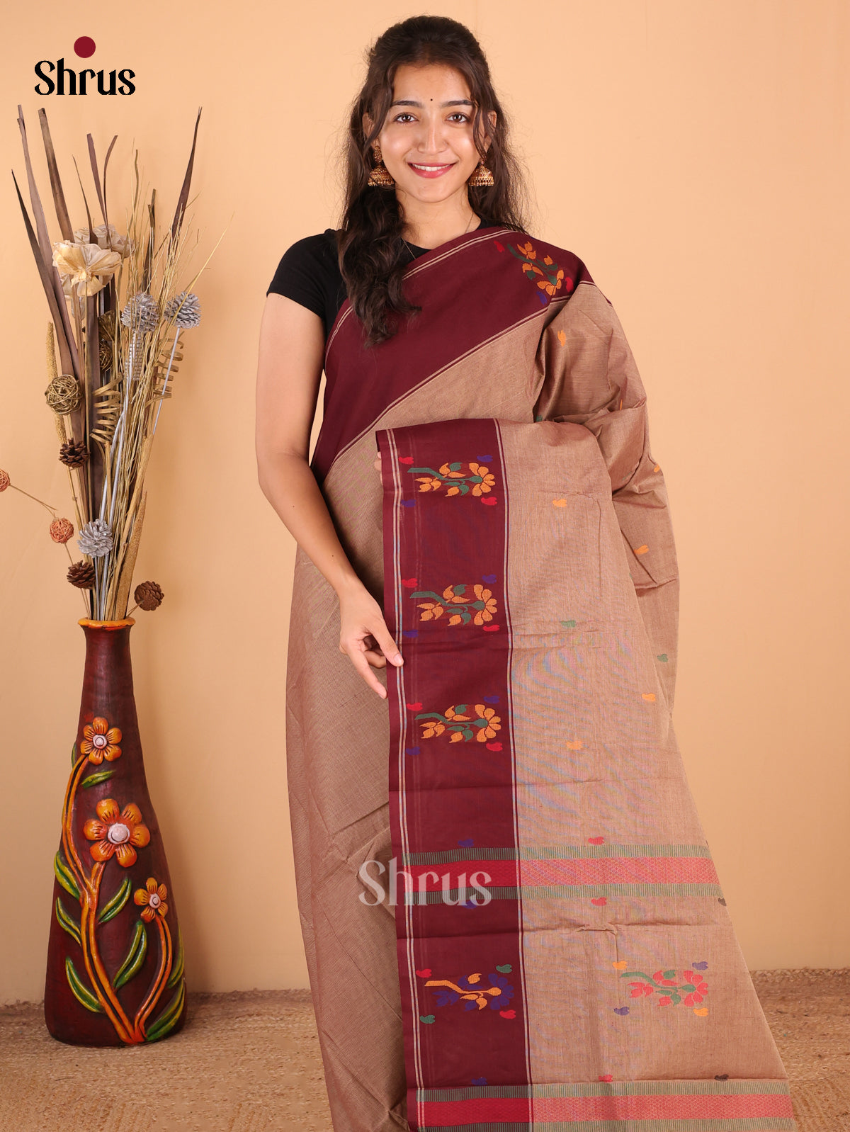 Dual Tone Light Brown with Maroon - Chettinad Cotton Saree - DDS09403 - Shop on Shrus.com